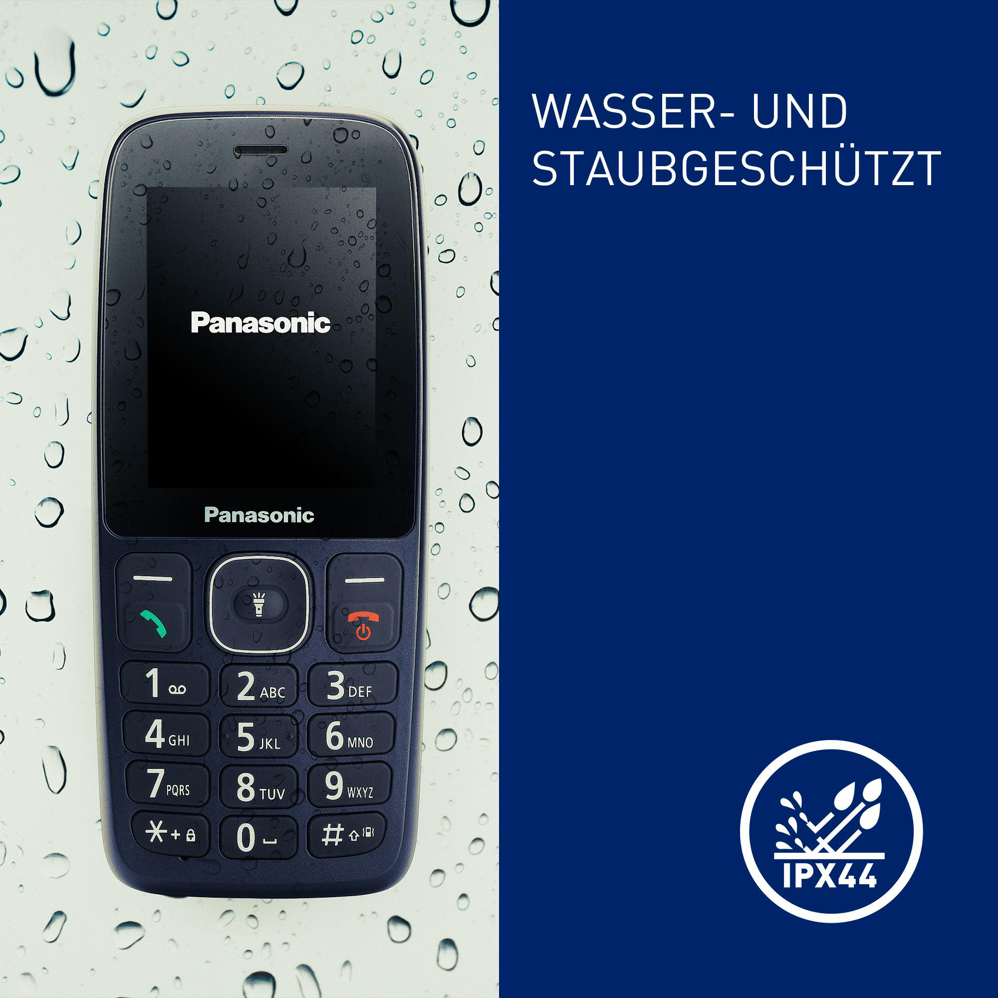 Ein Panasonic-Telefon. Es ist dunkelblau mit einer Tastatur. Der Hintergrund hat Wassertropfen. Text sagt wasser- und staubgeschützt.