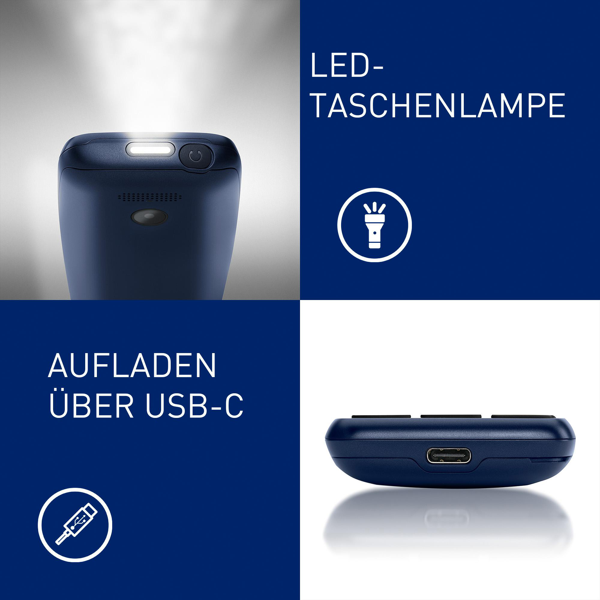 Das Bild zeigt eine blaue LED-Taschenlampe mit Text, der USB-C-Aufladung anzeigt. Es ist in vier Abschnitte unterteilt.