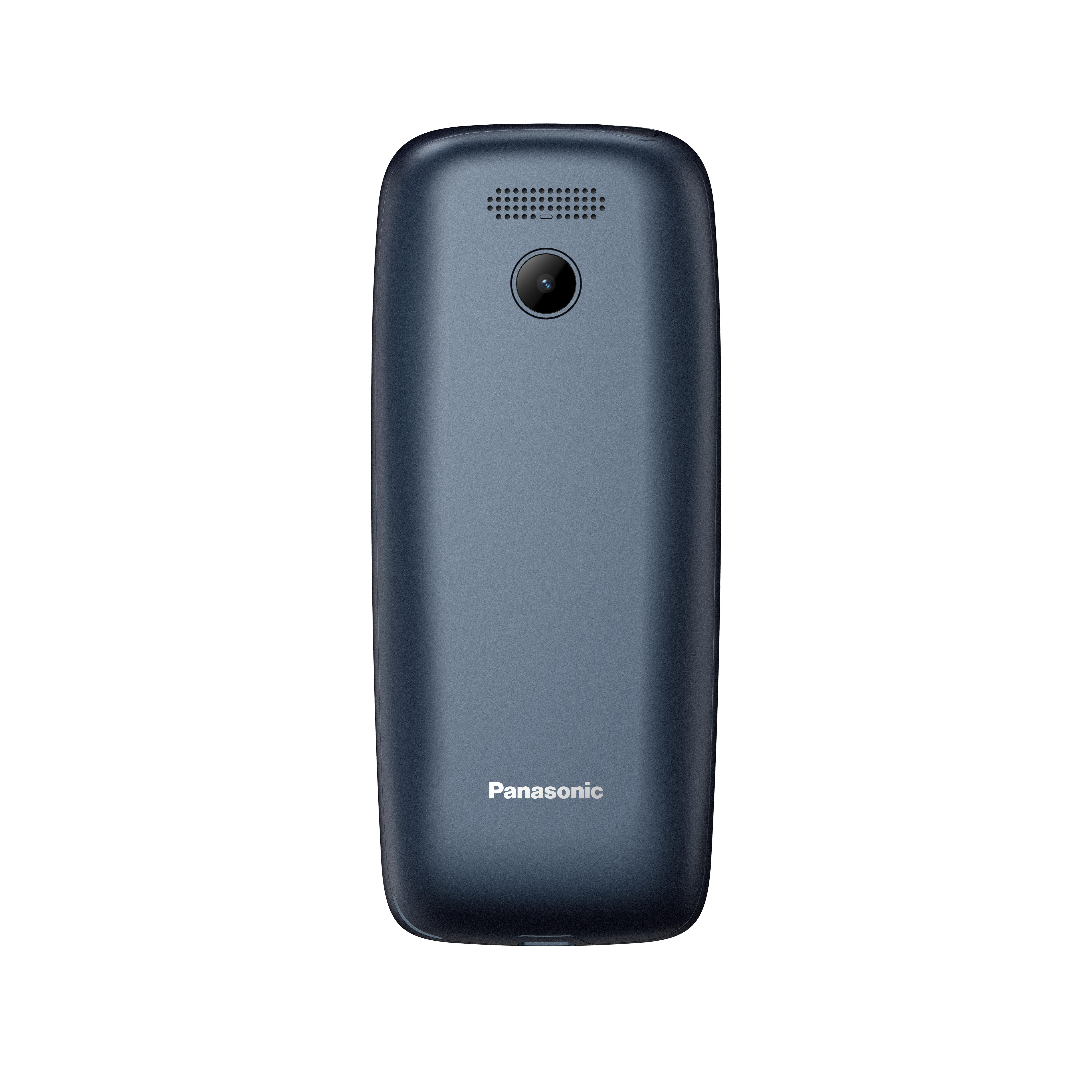 Auf der Rückseite eines blauen Panasonic-Telefons befinden sich eine Kamera, ein Lautsprecher und der Markenname.