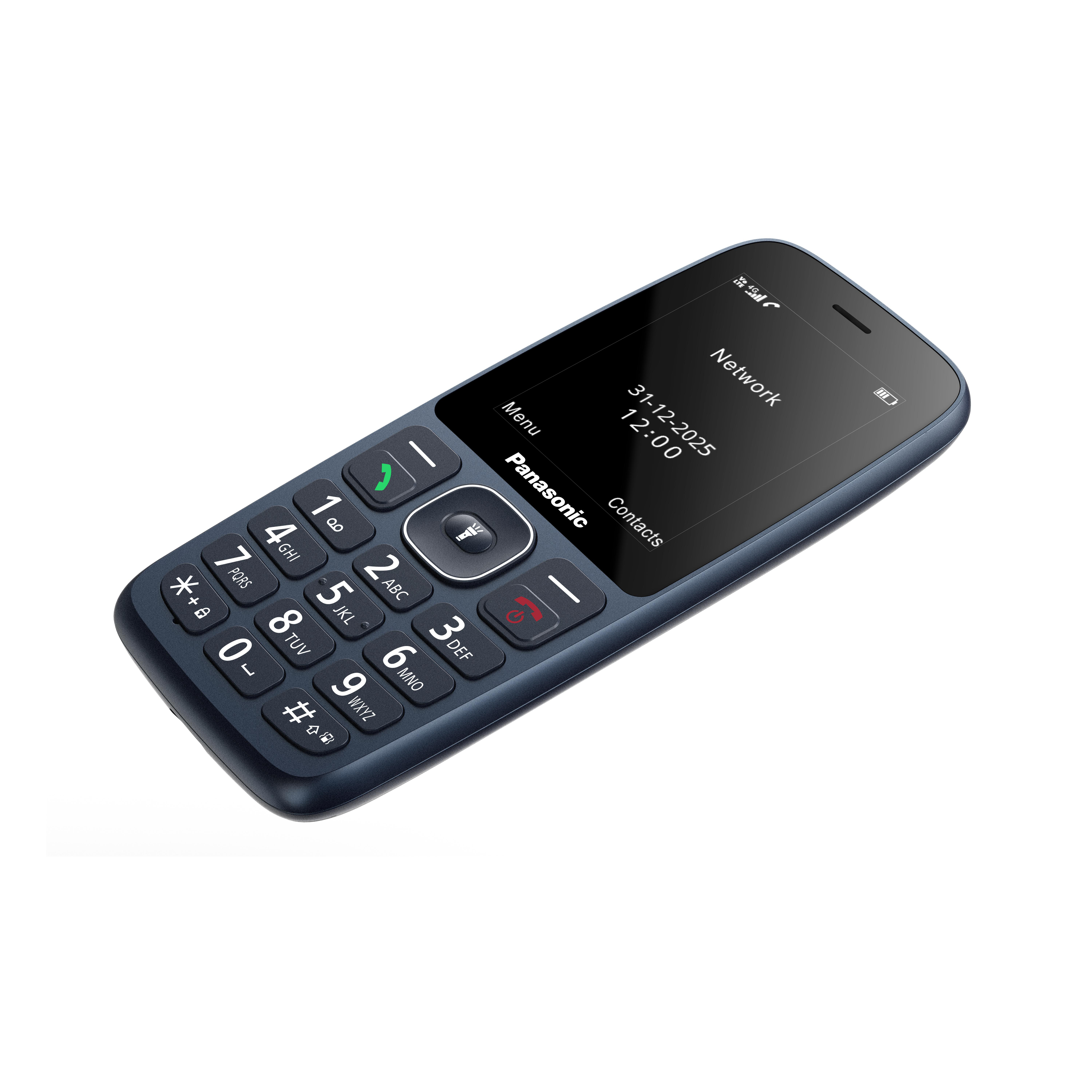 Dunkelblaues Panasonic-Telefon mit Datums- und Zeitanzeige. Es hat eine Tastatur und Tasten.