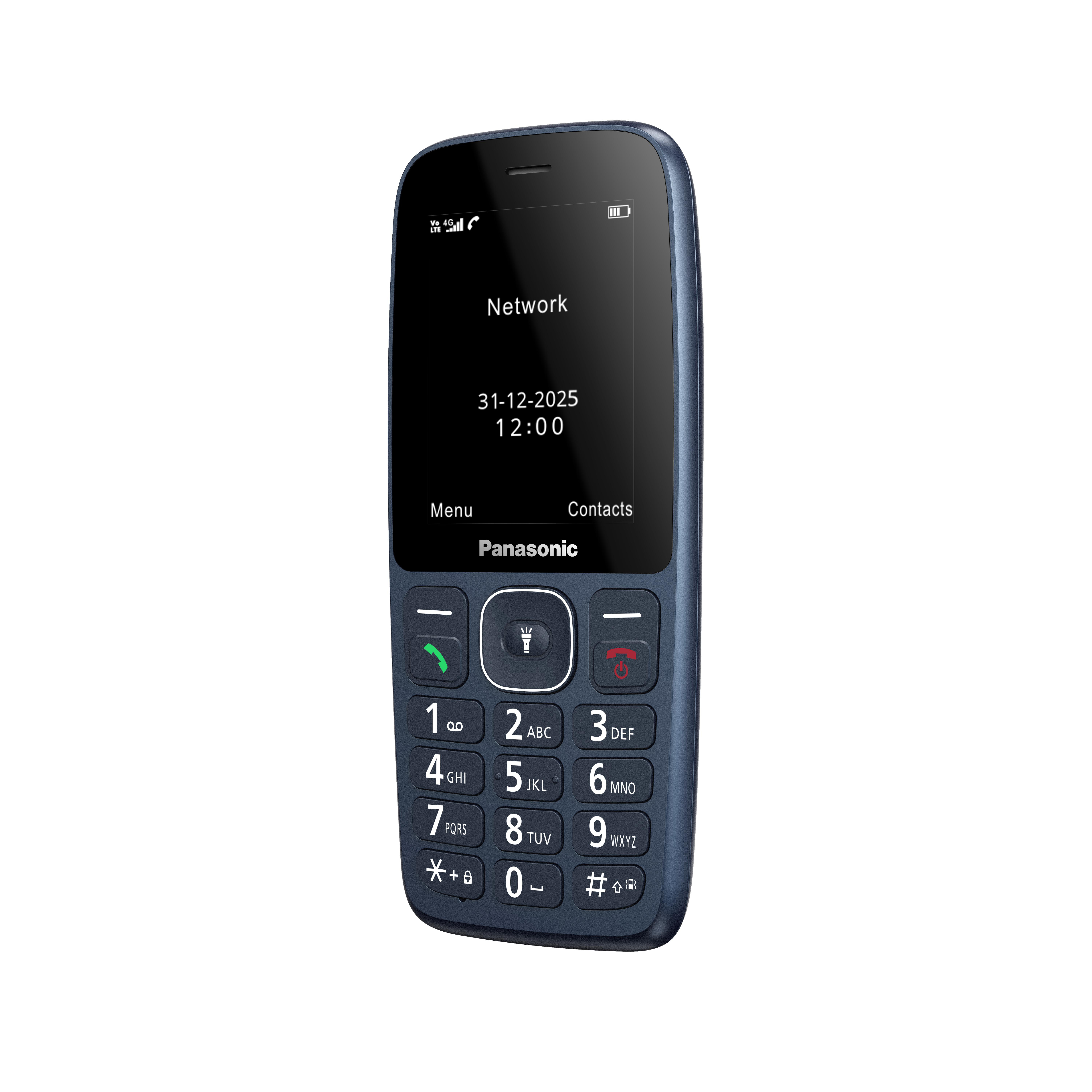 Ein blaues Panasonic-Telefon wird angezeigt. Der Bildschirm zeigt Datum, Uhrzeit und Netzwerkstatus an. Tastatur mit Zahlen und Funktionstasten.