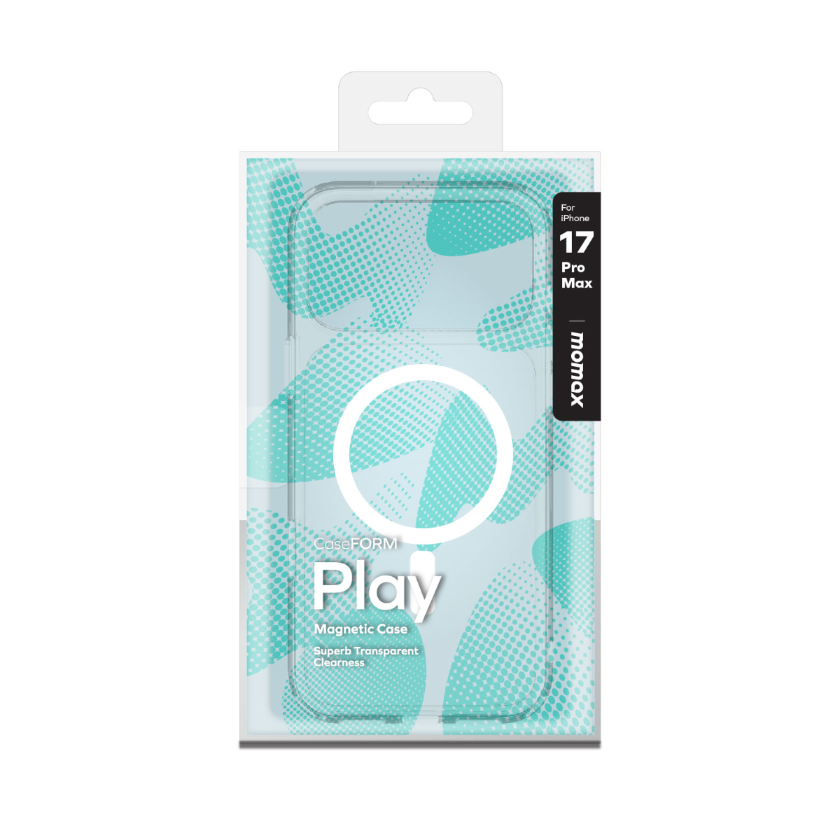 Telefon kılıfı ambalajı. Beyaz ve turkuaz tasarım. Metin: 'Play', 'Magnetic Case', 'iPhone 17 Pro Max'. Marka: momax.