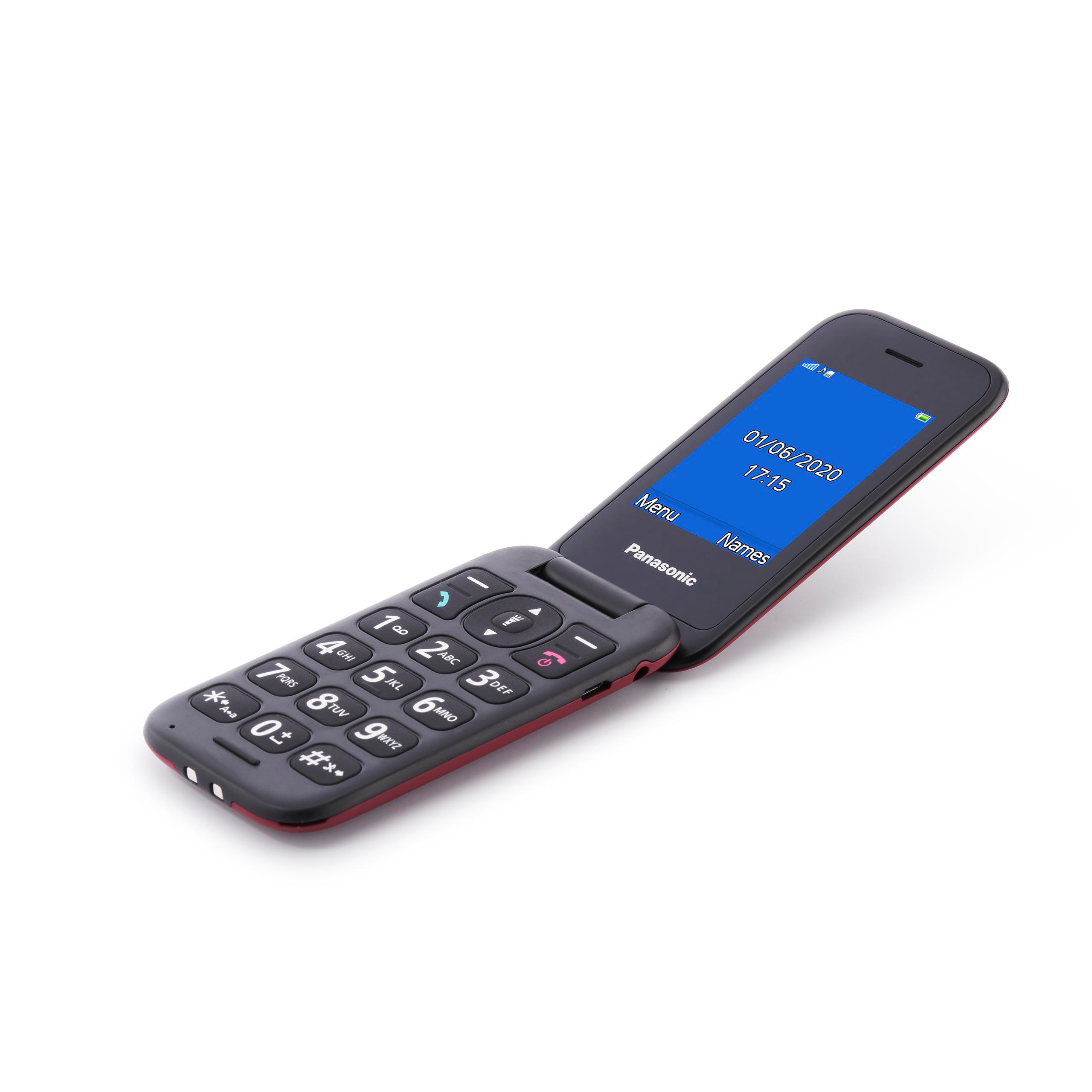 Ein schwarzes und rotes Klapphandy ist geöffnet. Der Bildschirm zeigt Datum und Uhrzeit. Es ist ein Panasonic.