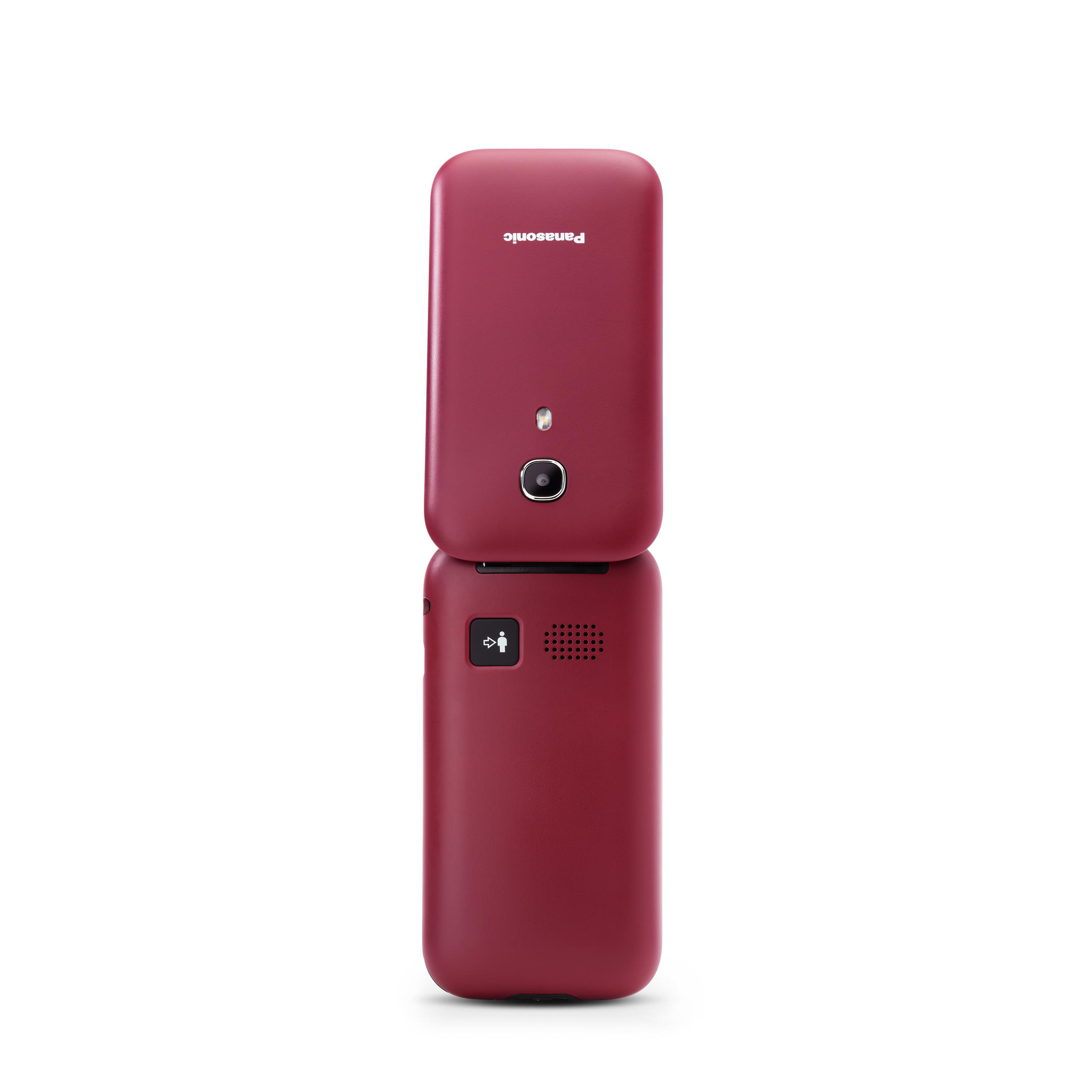 Ein offenes, kastanienrotes Panasonic-Klapphandy. Das Telefon ist vor weißem Hintergrund platziert.