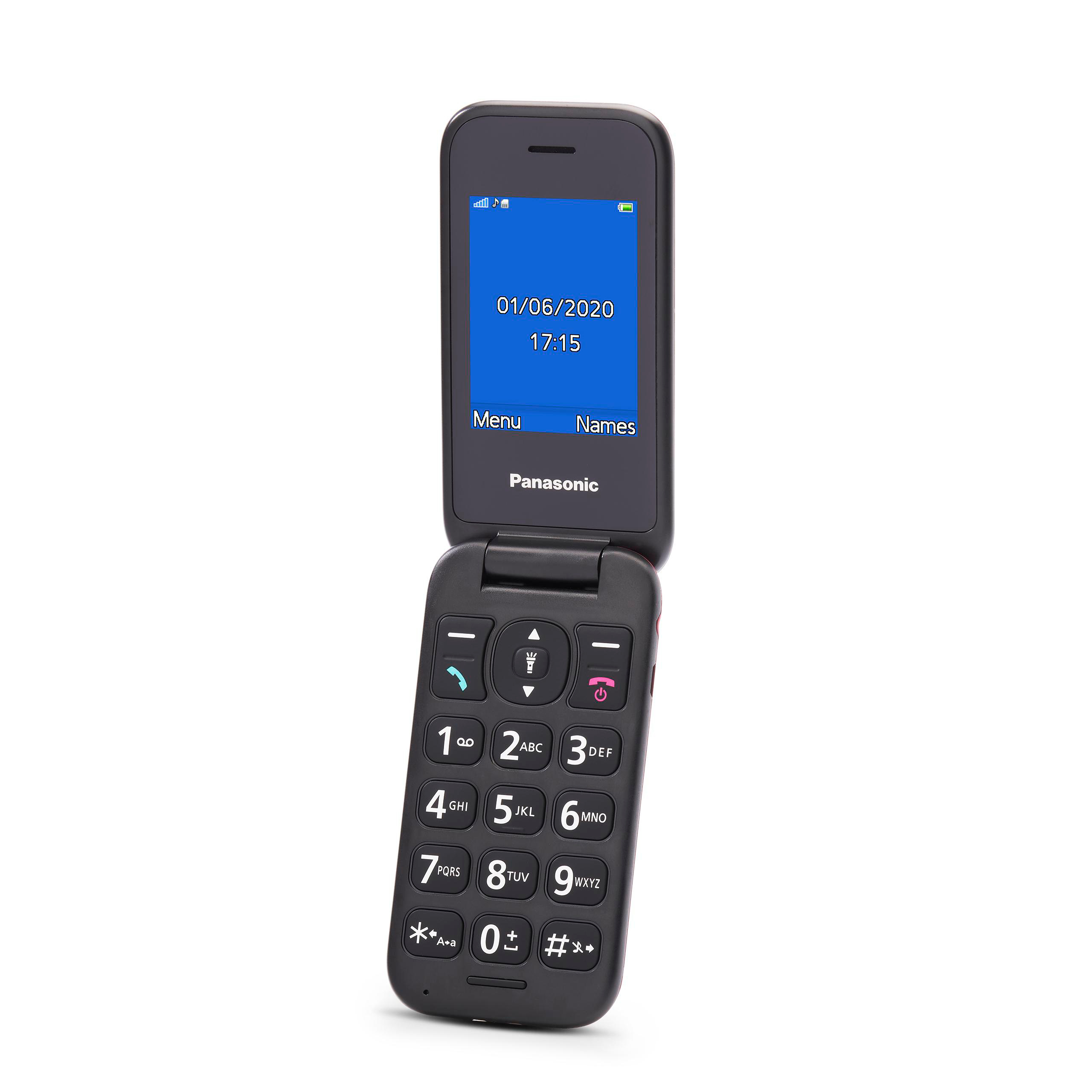 Ein schwarzes Klapphandy ist geöffnet. Der Bildschirm zeigt Datum und Uhrzeit an. Das Telefon hat große Tasten und ein Panasonic-Logo.