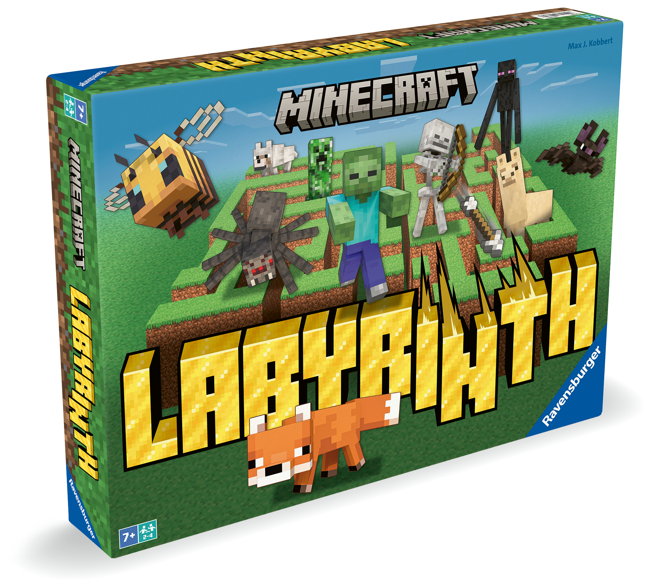 Minecraft Labyrinth-Brettspielbox. Charaktere sind Biene, Zombie, Spinne, Fuchs, Skelett und Enderman auf einer grasbewachsenen Landschaft.