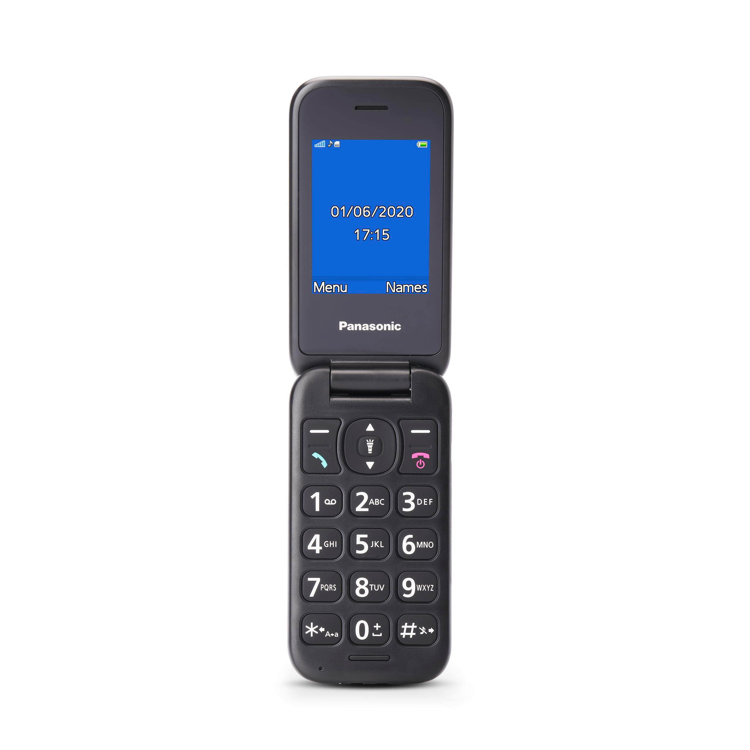 Ein schwarzes Panasonic-Klapphandy ist geöffnet und zeigt Datum und Uhrzeit an. Es hat große Tasten und einen weißen Hintergrund.