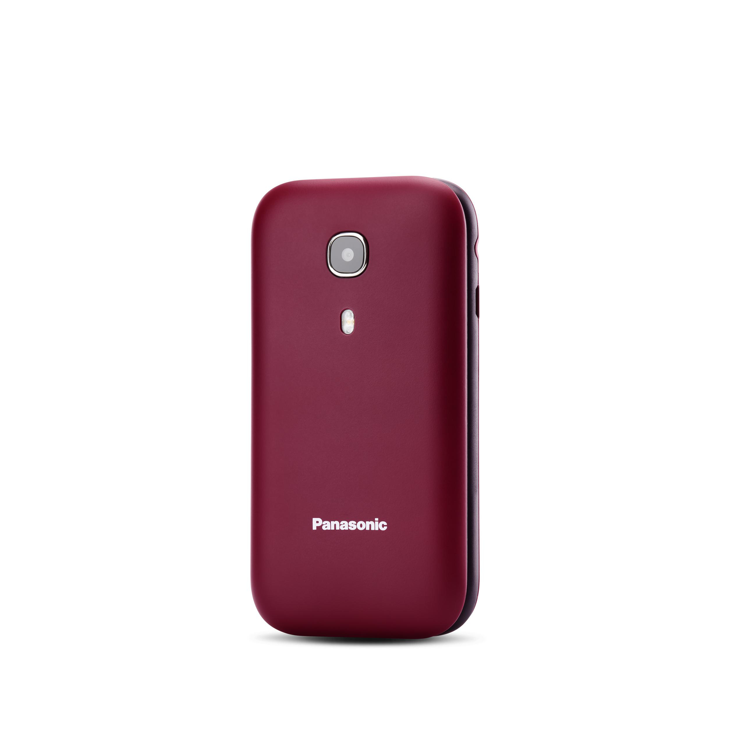 Ein weinrotes Panasonic-Klapphandy ist zentriert. Es hat eine Kamera und ein Licht. Der Hintergrund ist weiß.
