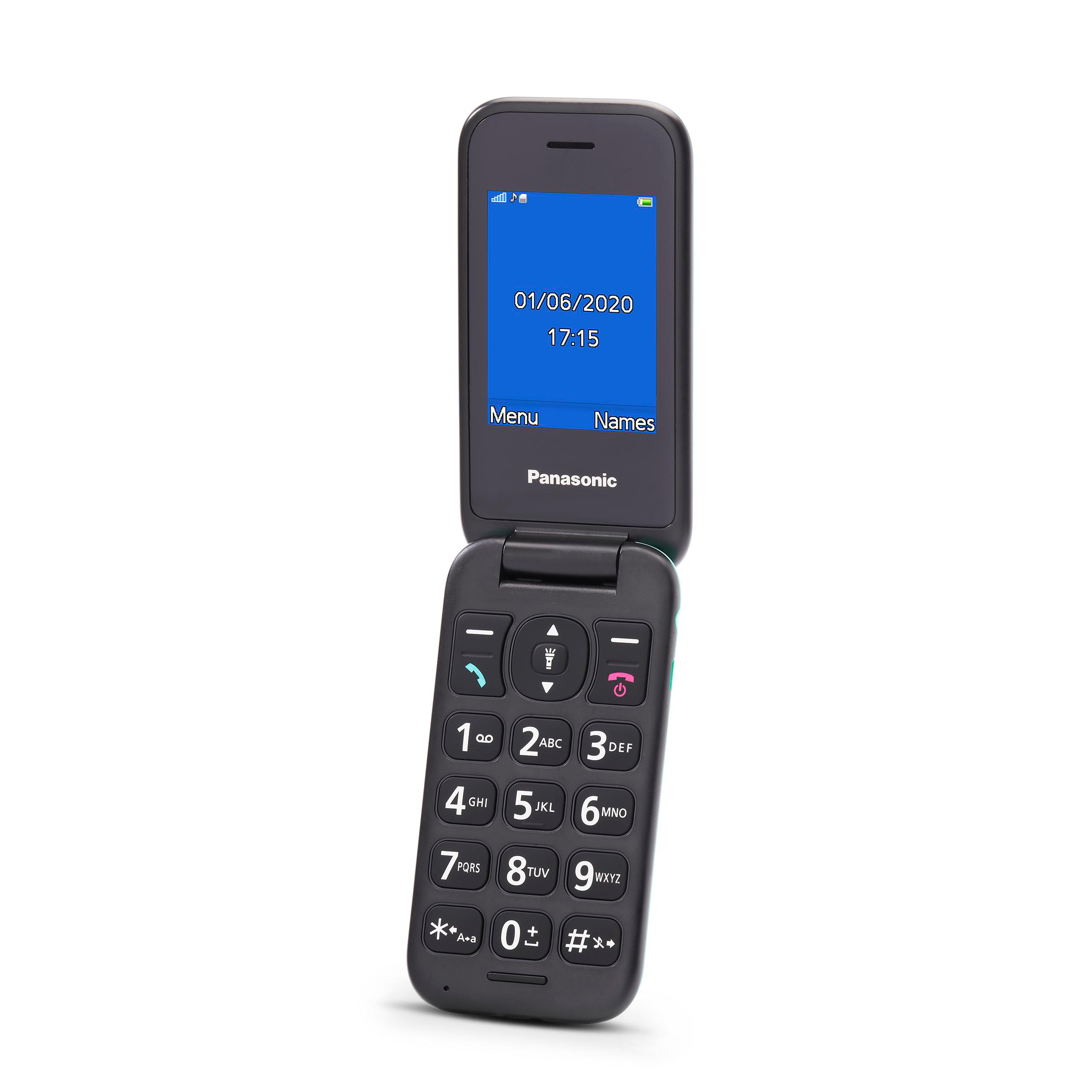 Ein schwarzes Panasonic-Klapphandy ist geöffnet. Der Bildschirm zeigt Datum und Uhrzeit. Große Tasten sind sichtbar.