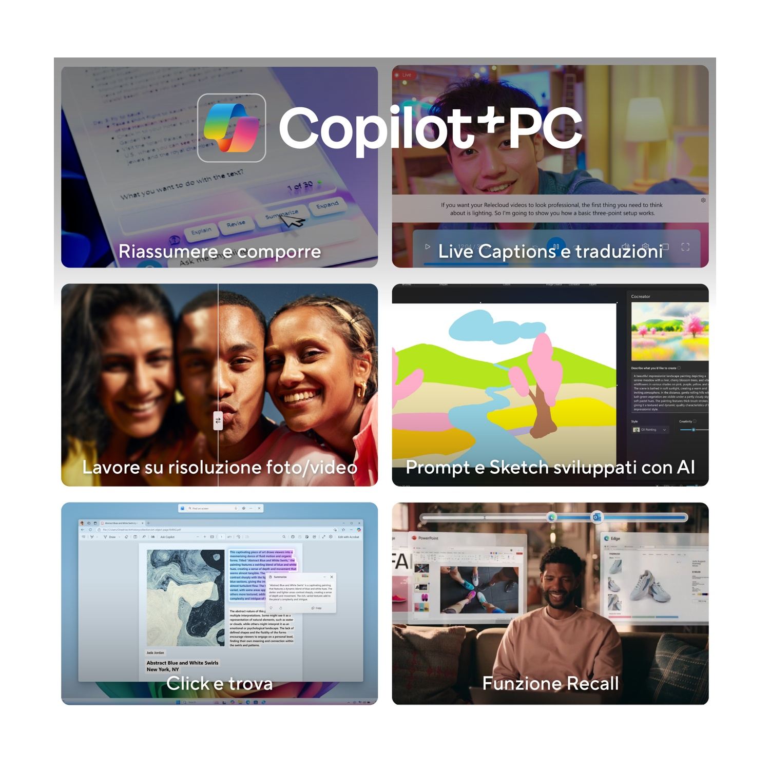 Collage di sei screenshot che mostrano le funzionalità di Copilot+PC, tra cui riepilogo, sottotitoli in tempo reale e strumenti basati sull'IA.