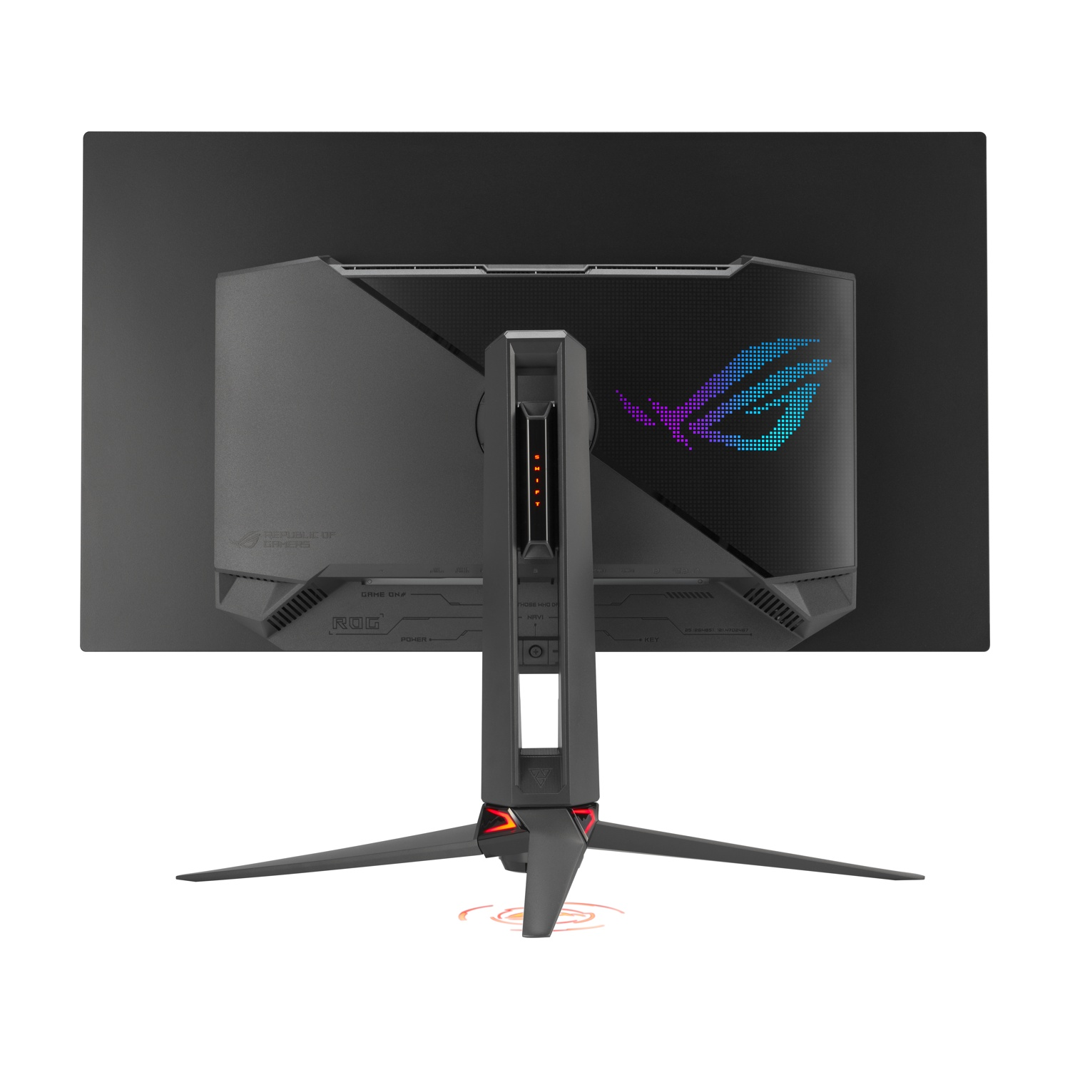 Il retro di un monitor da gioco nero con supporto. Il monitor ha un logo e varie porte. Il supporto ha la forma di un treppiede.