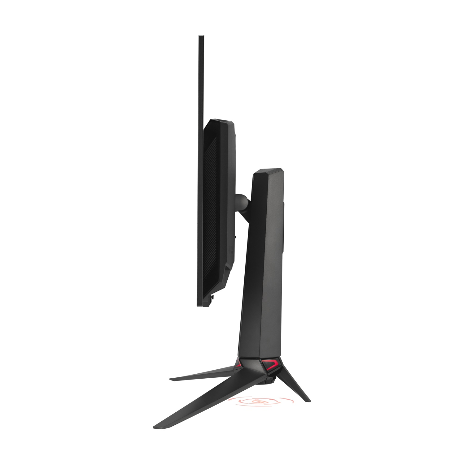 Vista laterale di un monitor per computer nero. Ha un supporto con tre gambe. Accenti rossi sono visibili sulla base e sul supporto.