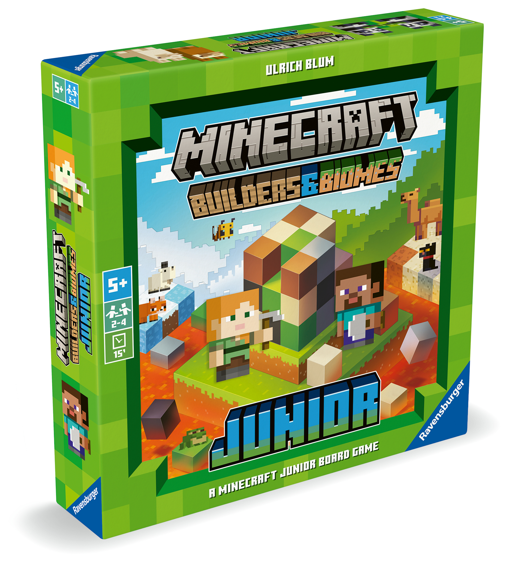 Minecraft Junior Brettspielbox. Grüner Hintergrund mit Spieletitel, Charakteren und Altersangaben. Charaktere sind Steve und Alex.