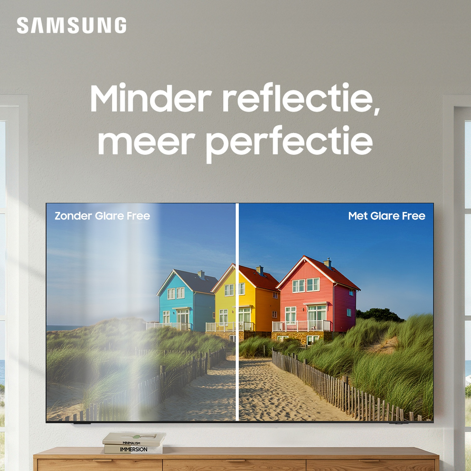 Samsung TV shows two images. One with glare, the other without. Displaying colorful houses on a beach under a blue sky.