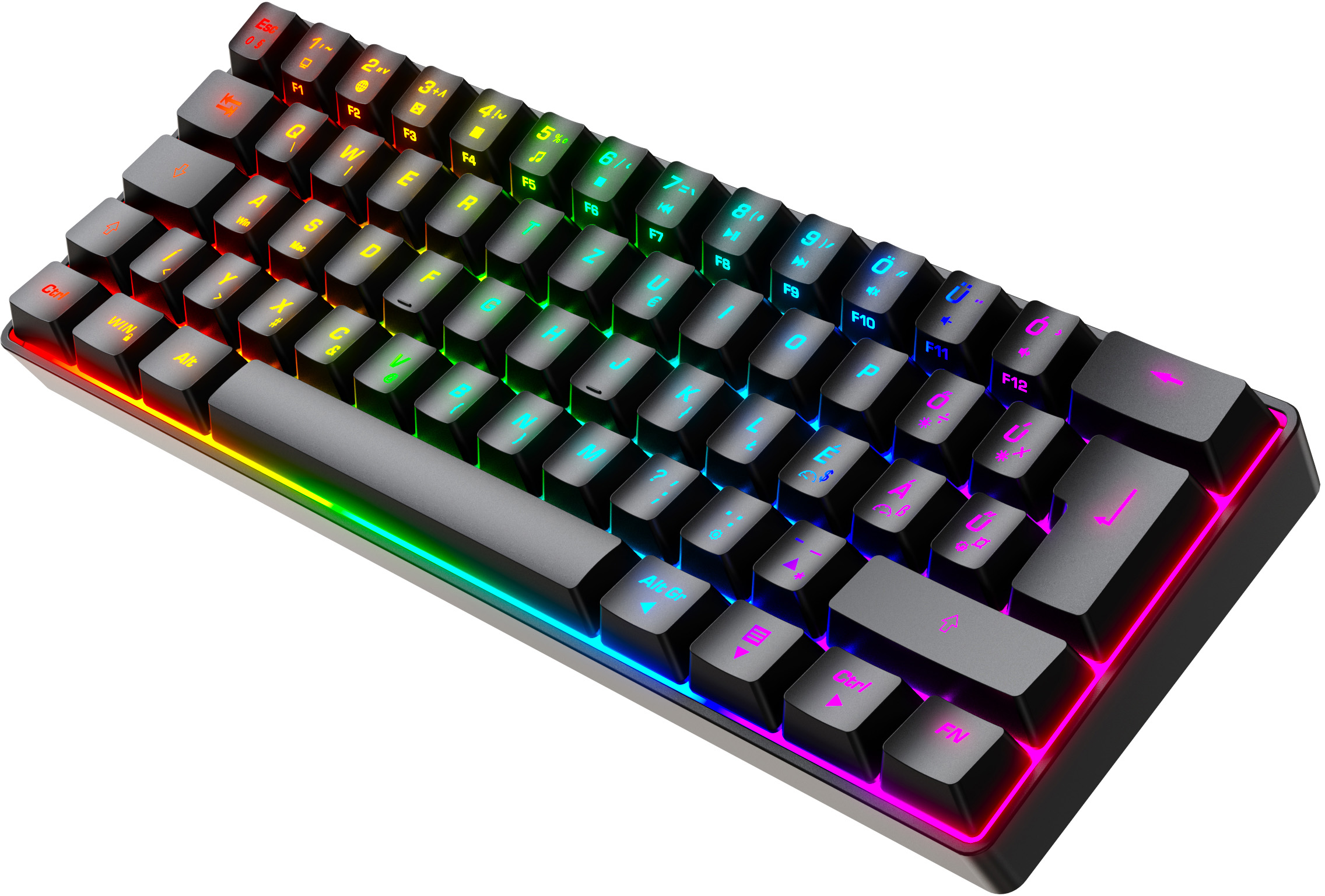Fekete mechanikus billentyűzet világító RGB gombokkal. A betűk és szimbólumok világítanak. A gombok színes keverékben vannak.