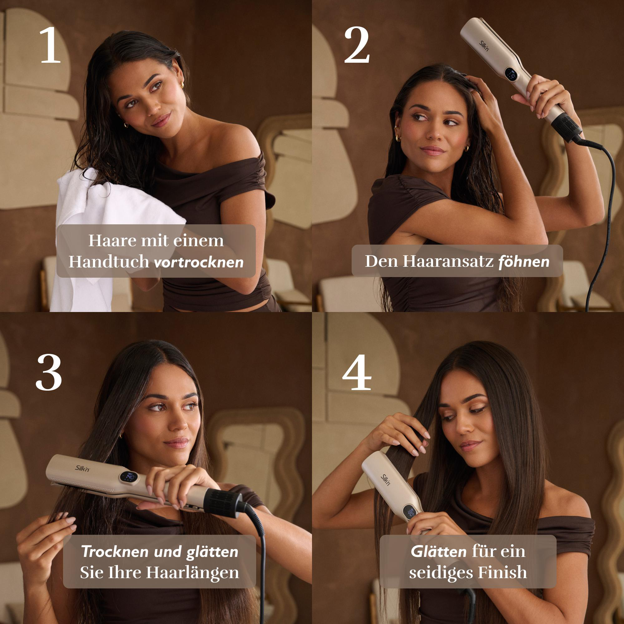 Frau trocknet Haare mit Handtuch, dann Föhn und Glätteisen. Vier Schritte zum Stylen der Haare.