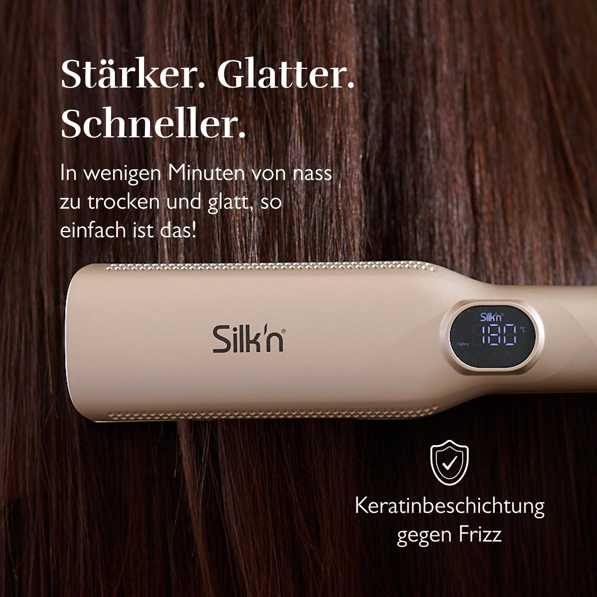 Haarglätter mit deutschem Text. Das Gerät ist beige, das Haar ist braun.