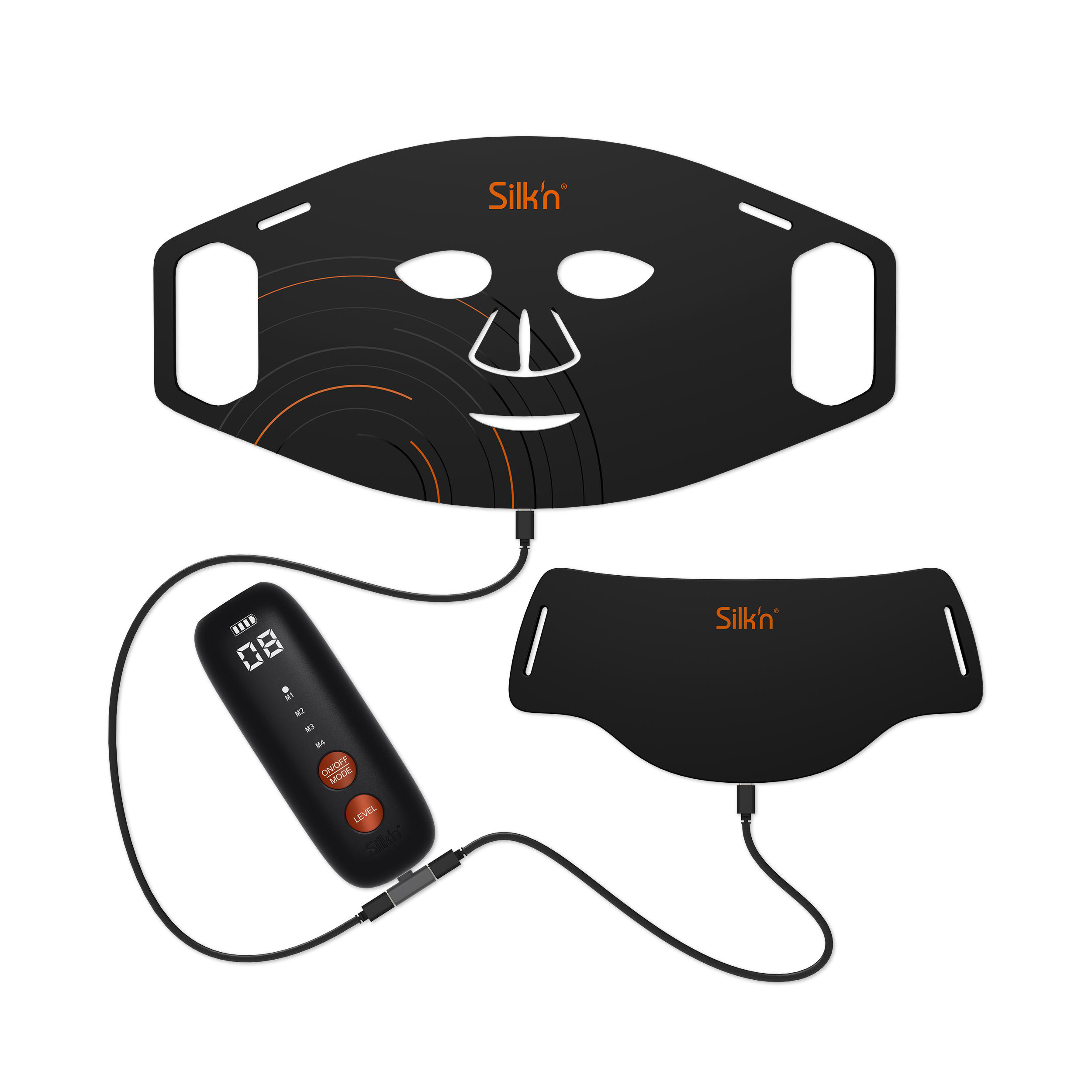 Schwarze Silk'n-Gesichtsmaske und ein kleineres Pad, beide mit einem Bedienfeld verbunden. Weißer Hintergrund.