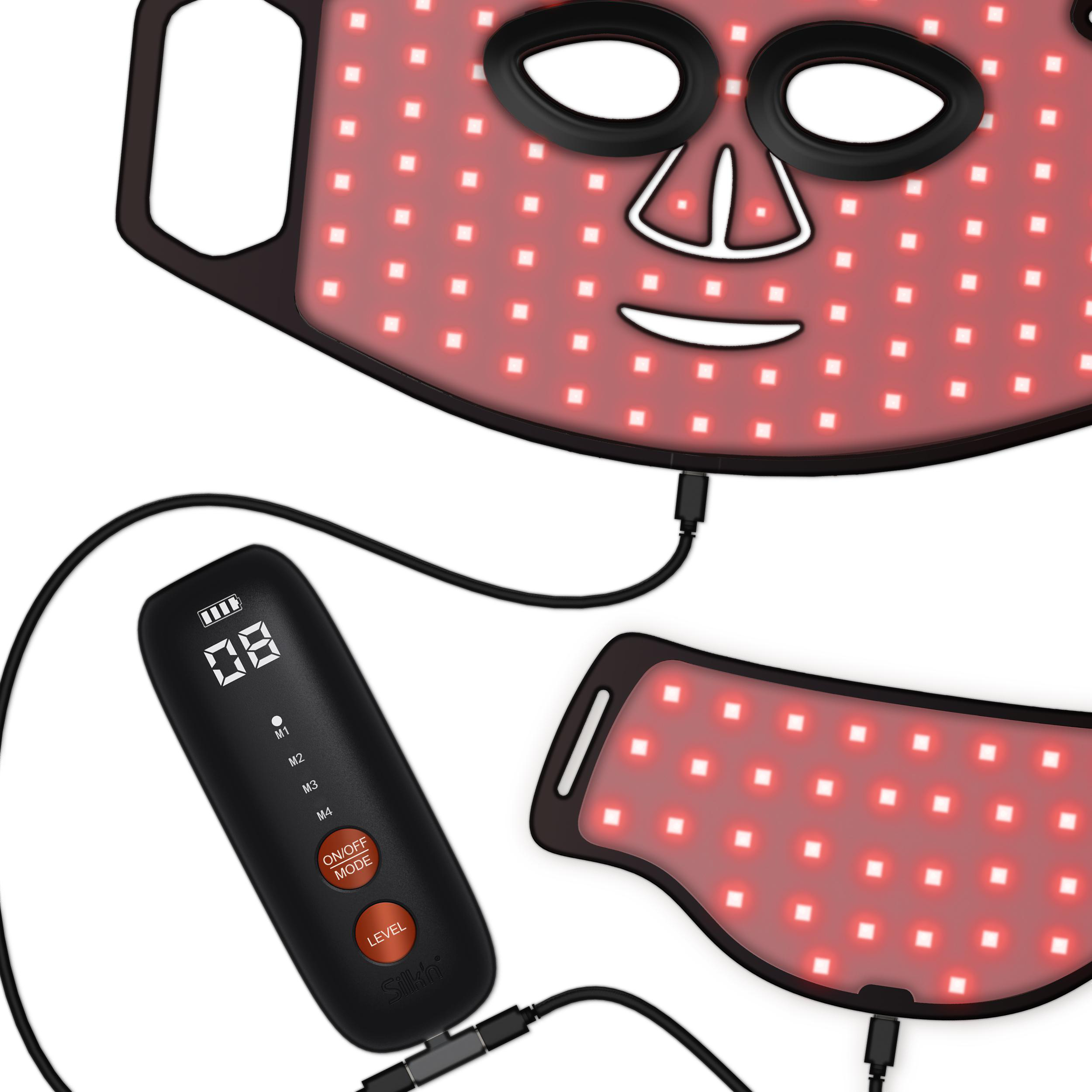 LED-Gesichtsmaske, Nackenteil und Controller. Maske und Nackenteil haben rote Lichter. Controller zeigt '08'.