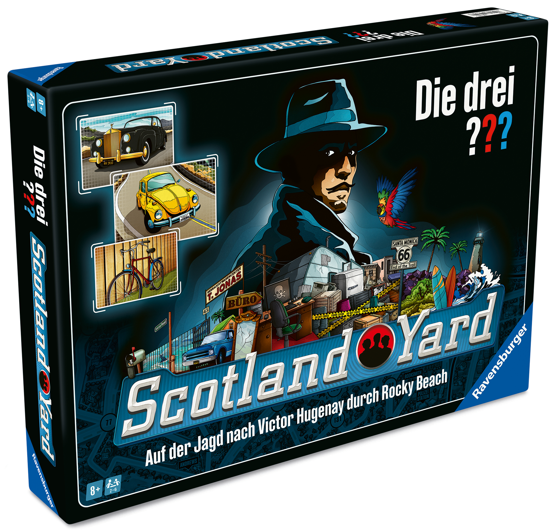 Brettspielbox für Scotland Yard. Mit Detektivkunst, Autos, Route 66-Schild und einem Papagei. Titel: Die drei ???.