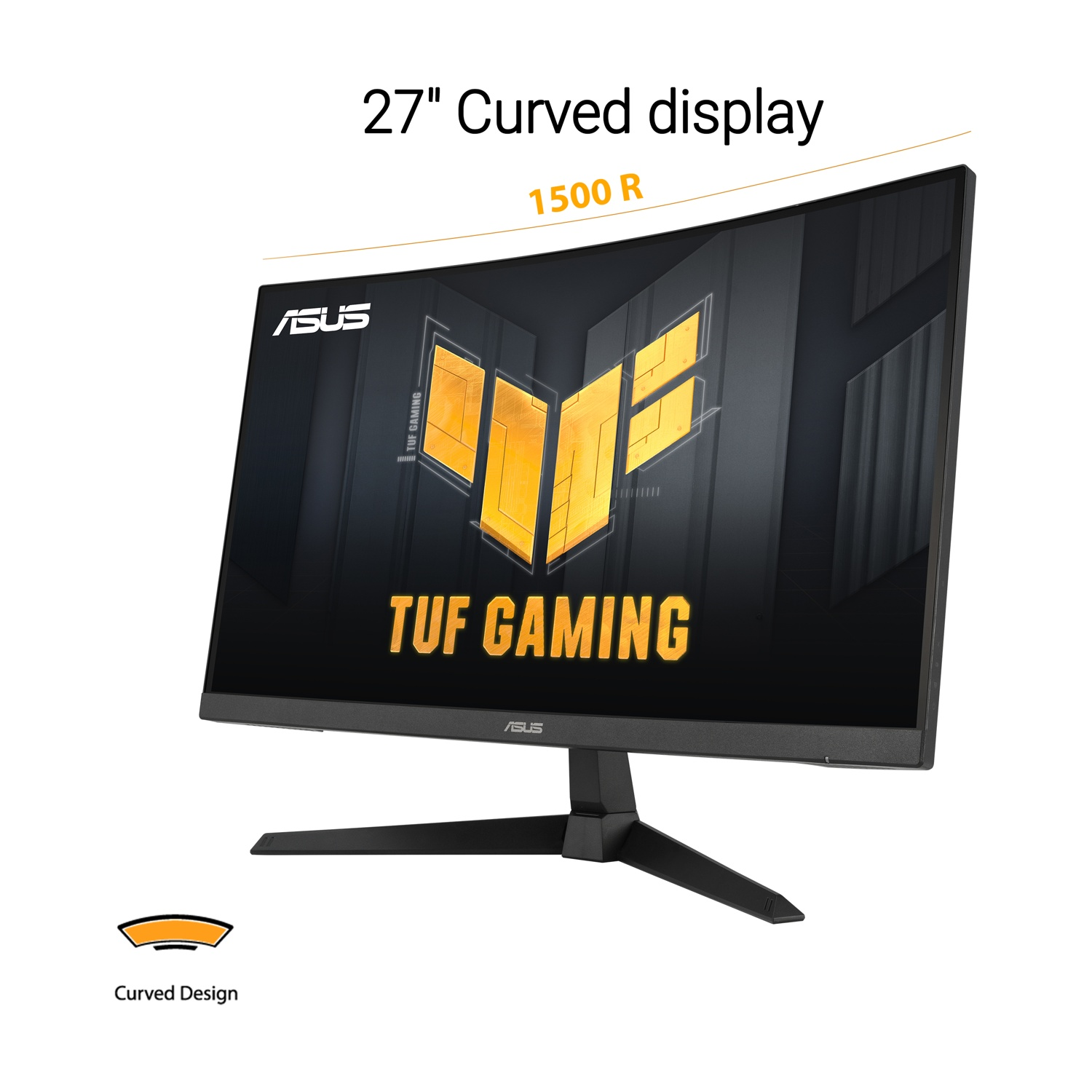 Un monitor ASUS TUF Gaming curvo da 27". Ha una cornice e un supporto neri. Lo schermo mostra un logo con elementi oro e neri.