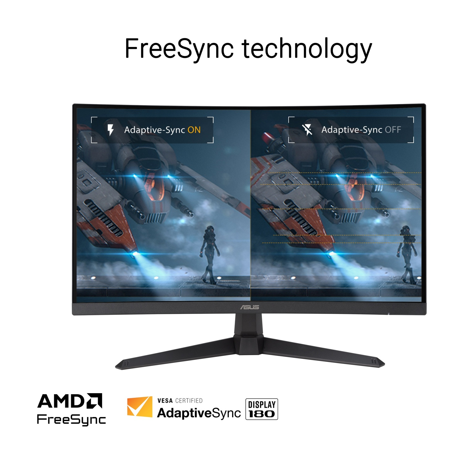 Monitor con Adaptive-Sync ON/OFF, mostra una scena di astronave volante. Loghi AMD FreeSync e AdaptiveSync.