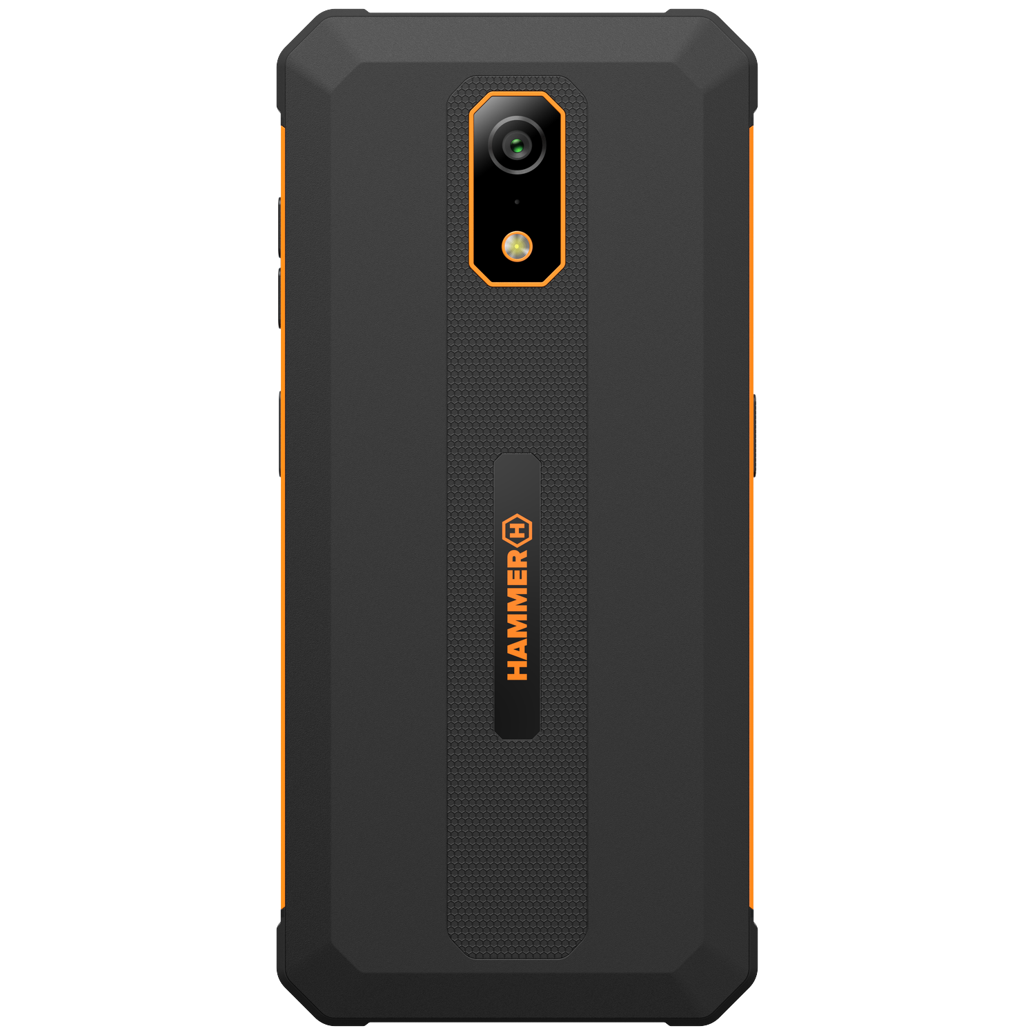 Zwarte smartphone achterkant met oranje accenten. Voorzien van camera, Hammer logo en textuur. Robuust ontwerp.