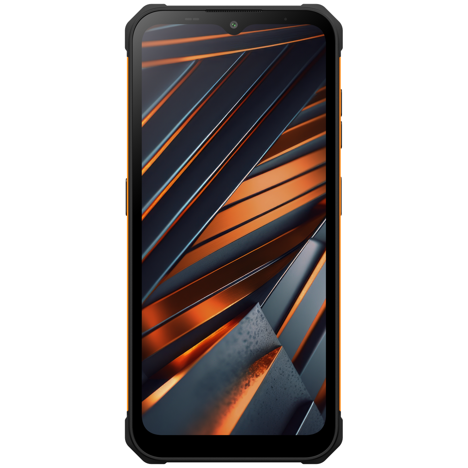 Een zwart-oranje smartphone met een getextureerde achterkant en een scherm met een abstract lijnenpatroon.