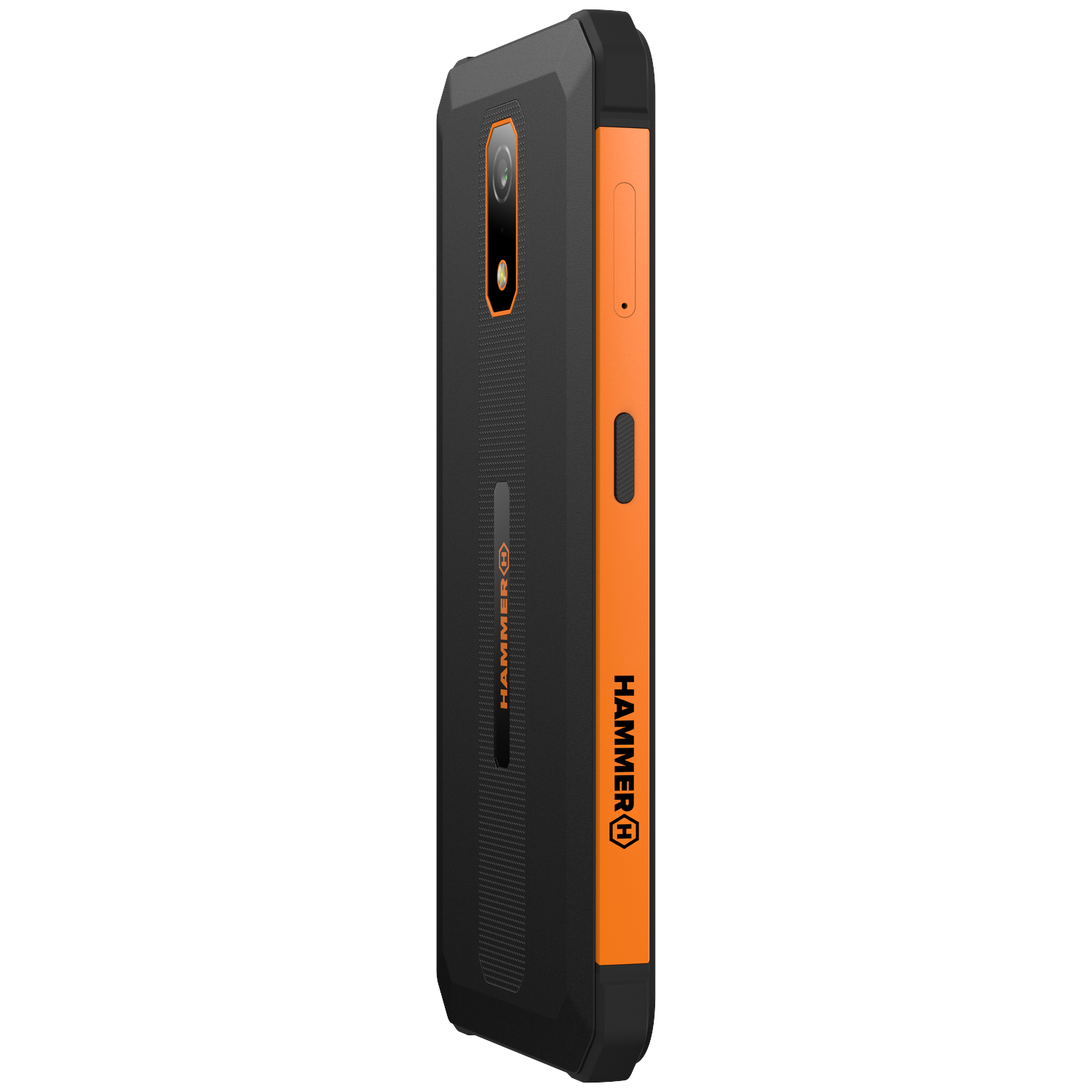 Zwarte en oranje robuuste smartphone. Voorzien van camera, getextureerde achterkant en oranje zijaccenten met HAMMER-logo.