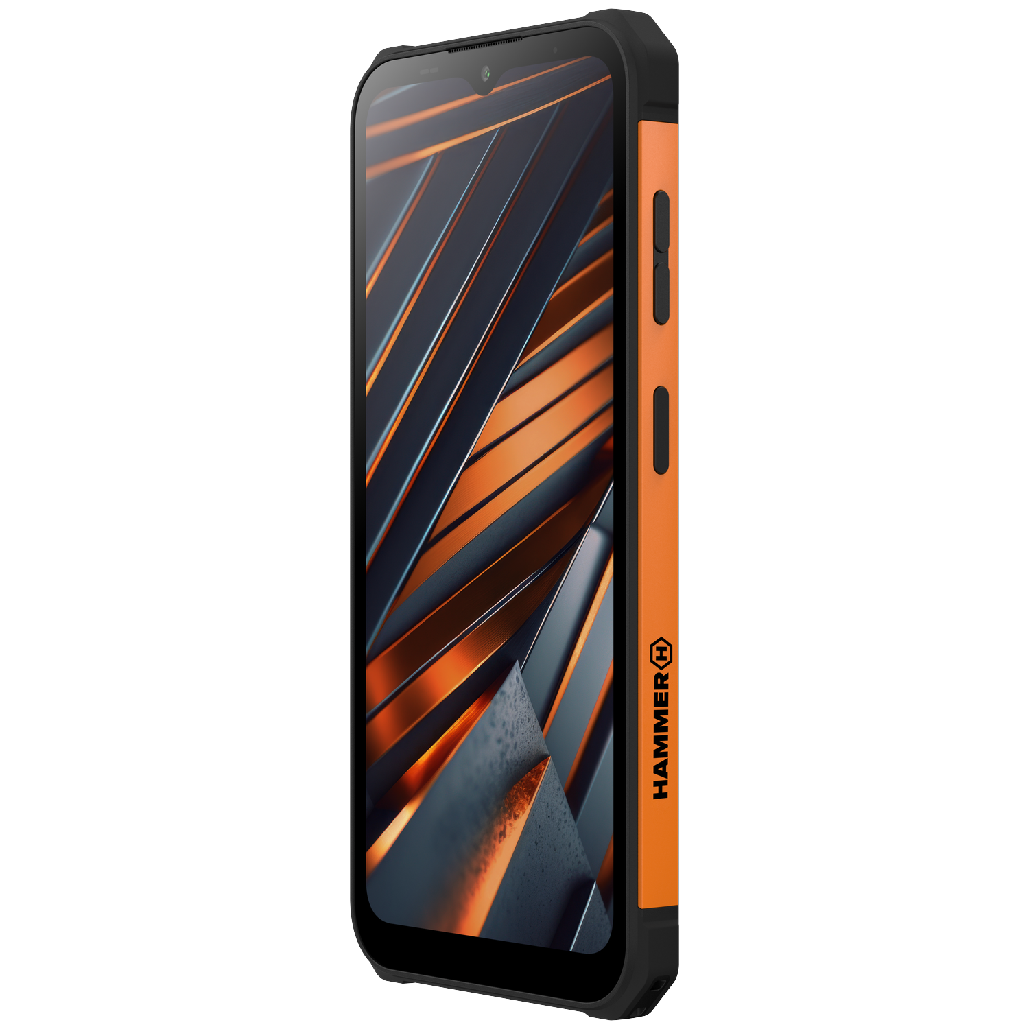 Een zwart-oranje smartphone, naar rechts gekanteld. Het scherm toont een abstract ontwerp in oranje en zwart.