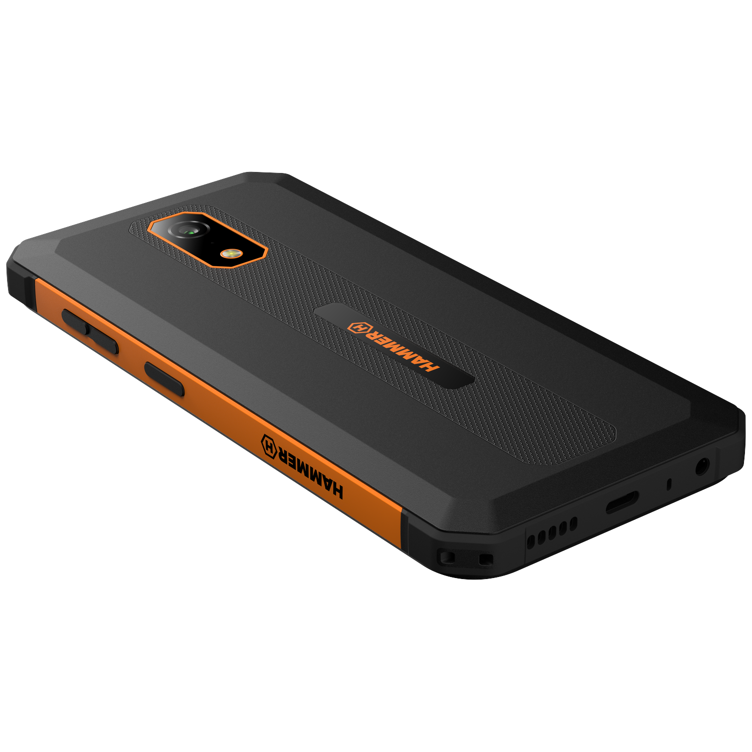 Een zwarte en oranje HAMMER smartphone ligt schuin. Het heeft een camera, een luidspreker en oranje accenten langs de zijkanten en randen.