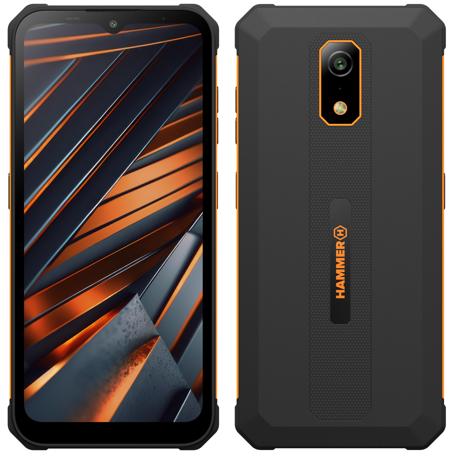 Robuuste smartphone. Zwart met oranje accenten. Voorzien van een camera en het Hammer-logo. Het scherm toont een metalen, geometrisch patroon.