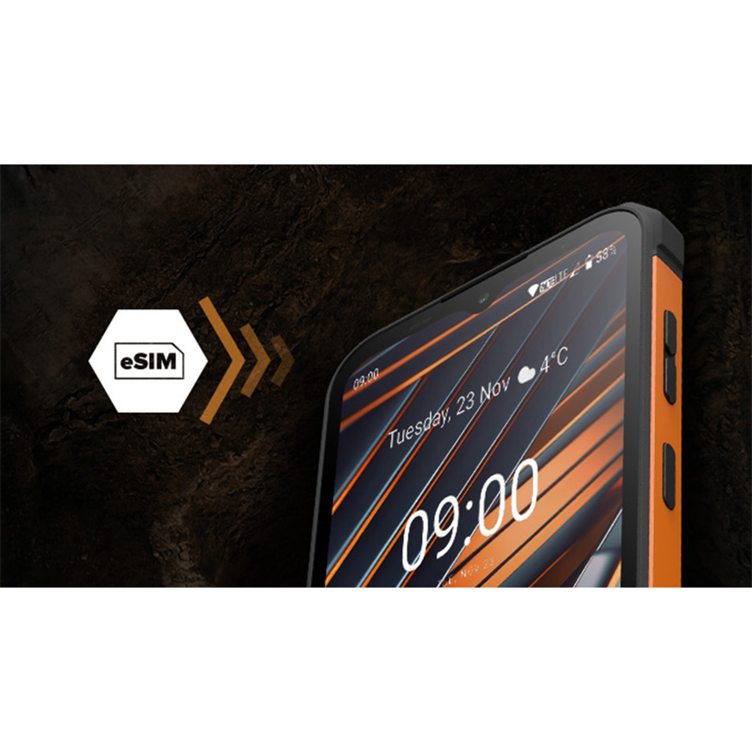 Een smartphone met een oranje frame geeft de tijd 09:00 en weersdetails weer. Een eSIM-pictogram staat links.