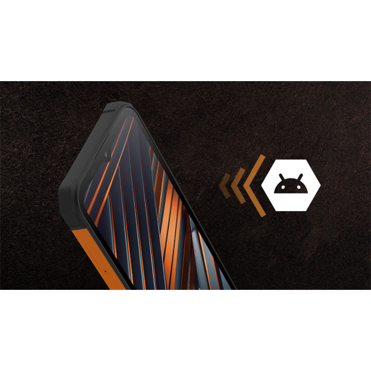 Een smartphone met een oranje frame, met een strepenpatroon. Android-logo en signaalpictogram rechts.
