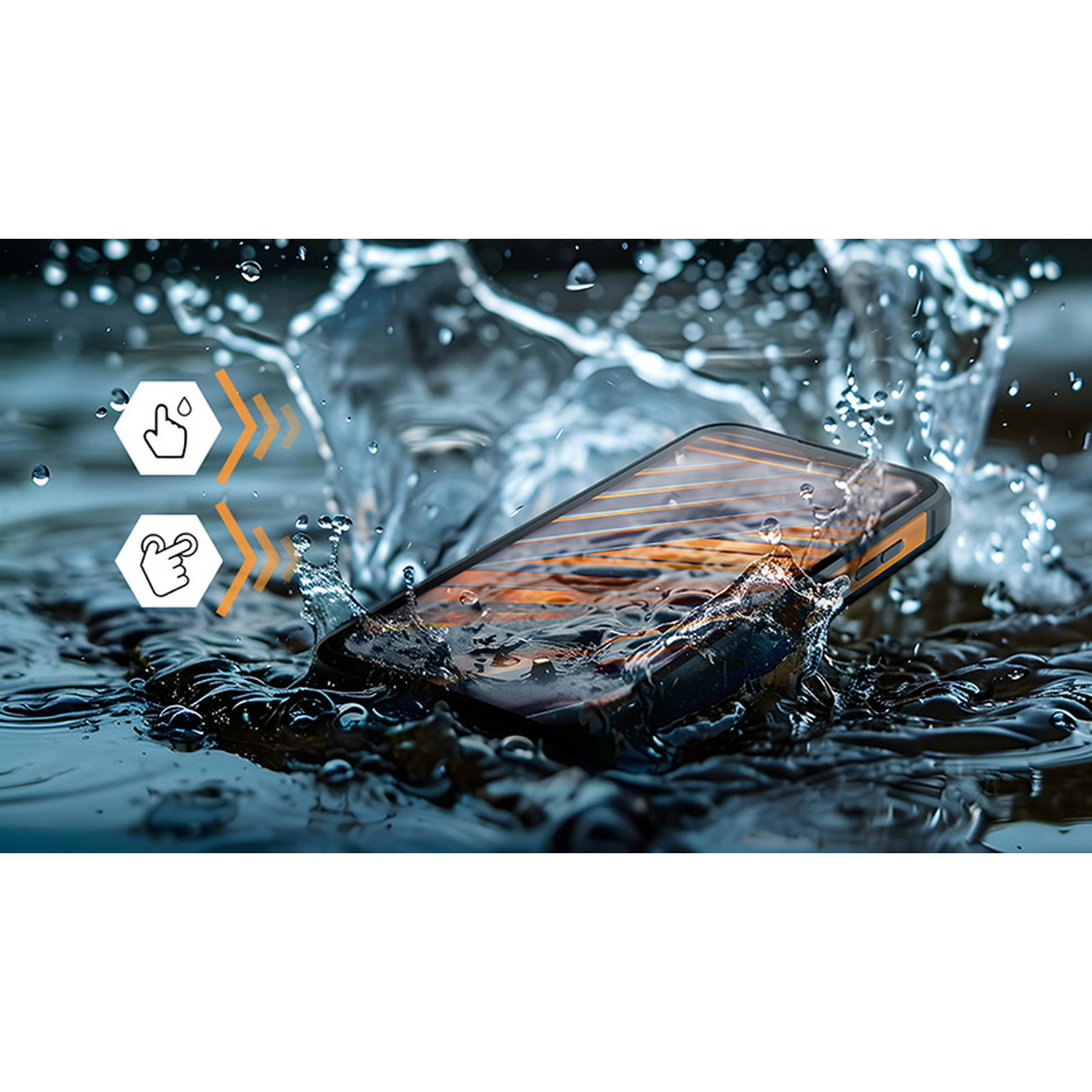 Een telefoon wordt ondergedompeld in water, waardoor spatten ontstaan. Pictogrammen suggereren waterbestendigheid en aanraakfunctionaliteit.