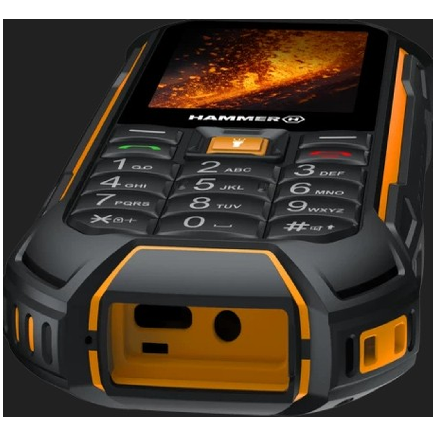 A black and orange HAMMER phone. It has a screen and numbered buttons. The phone is robust with a rugged design.