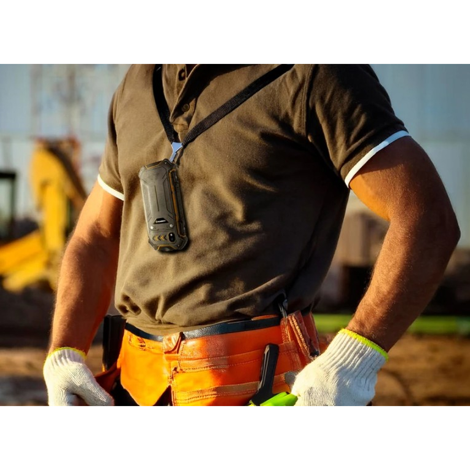 A person wearing a phone around their neck, wearing a brown shirt and gloves. The person has an orange tool belt.