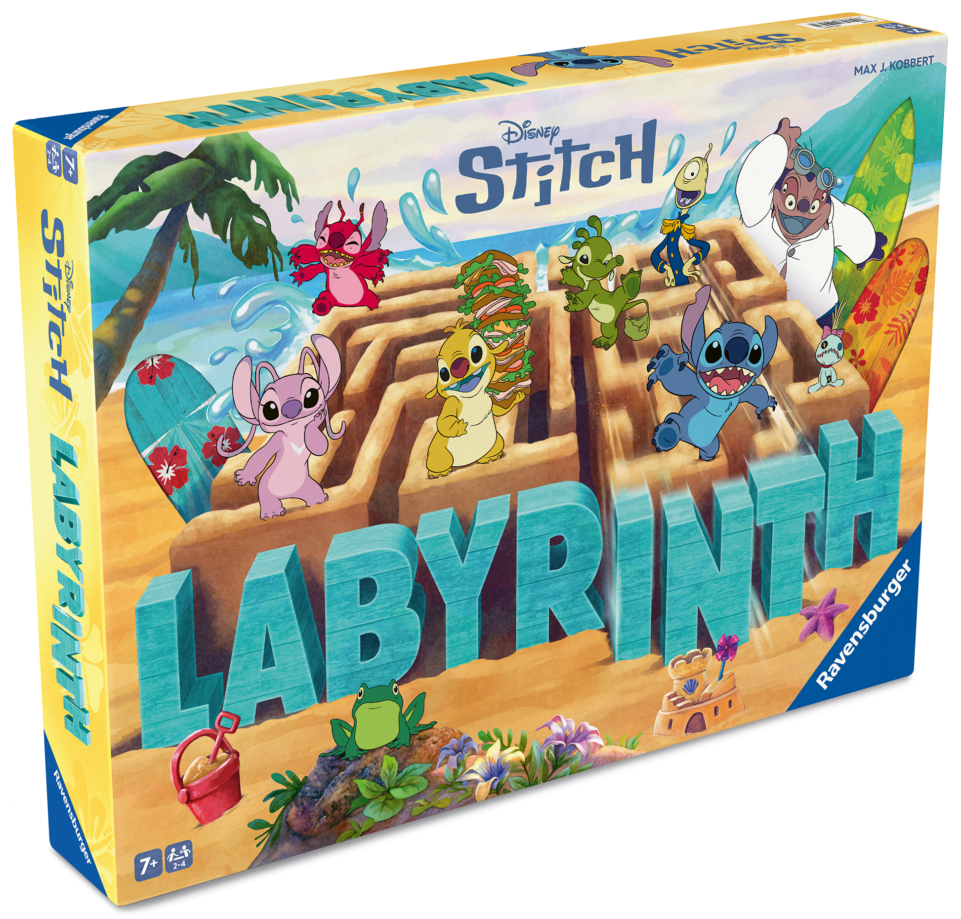 Disney Stitch Labyrinth Brettspielbox. Figuren in einem Sandlabyrinth. Das Wort Labyrinth in großen blauen Buchstaben.