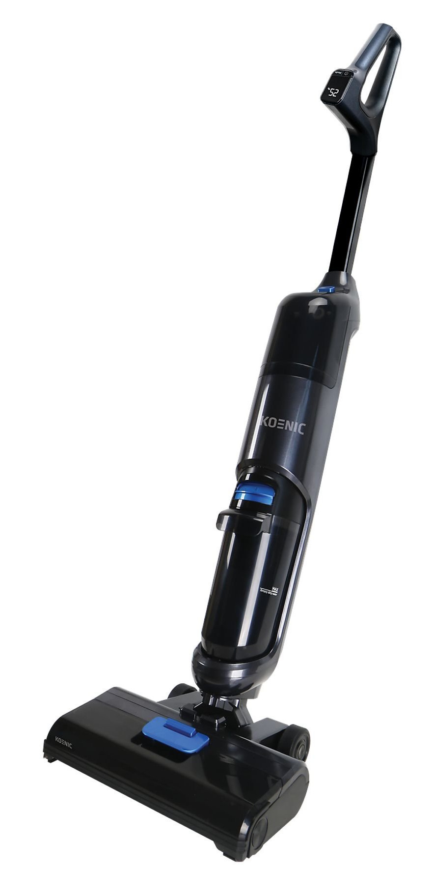 Czarno-niebieski odkurzacz KÖENIC na białym tle. Posiada cyfrowy wyświetlacz pokazujący 52.