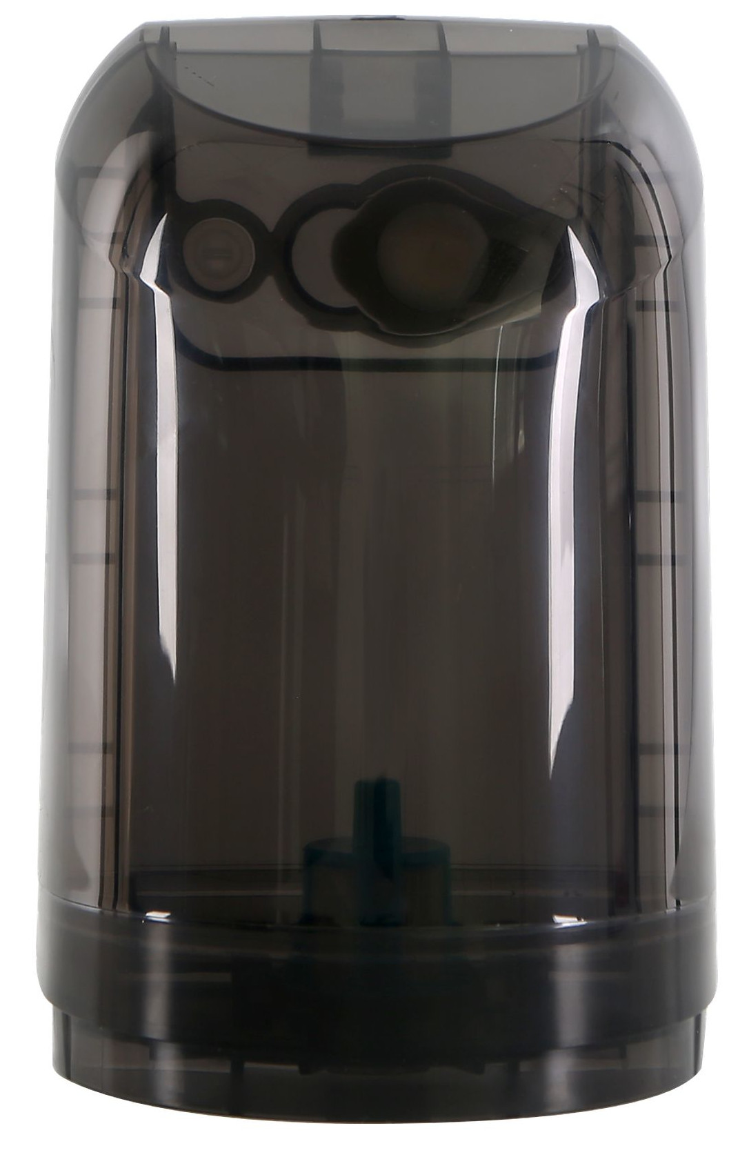 Pokazano przezroczysty, ciemnoszary pojemnik. Ma cylindryczny korpus z zaokrągloną górą i podstawą. Wewnątrz widoczny jest mały niebieski obiekt.