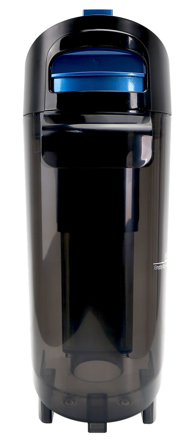 Czarny i niebieski cylindryczny filtr do wody. Posiada niebieską pokrywę i przezroczysty korpus z czarną strukturą wewnętrzną.