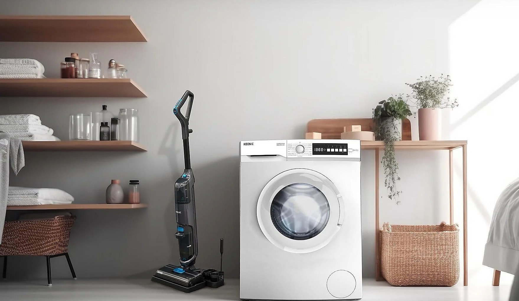 Nowoczesna pralnia z pralką, odkurzaczem, półkami z przedmiotami i drewnianym stołem z roślinami.
