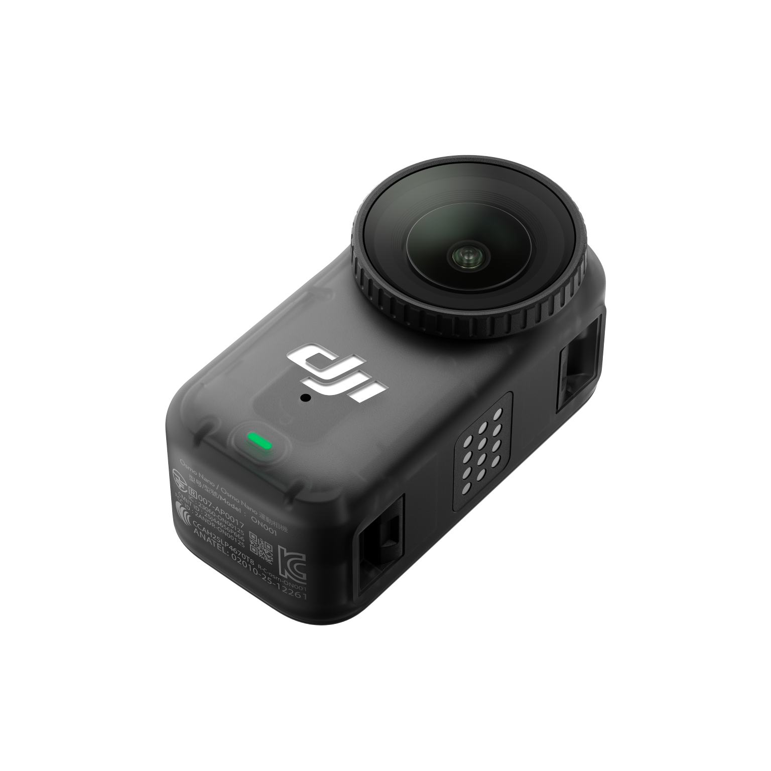 Eine schwarze DJI Osmo Nano Kamera. Sie hat eine große Linse oben und kleine Löcher an der Seite. Die Kamera befindet sich auf einem schwarzen Hintergrund.