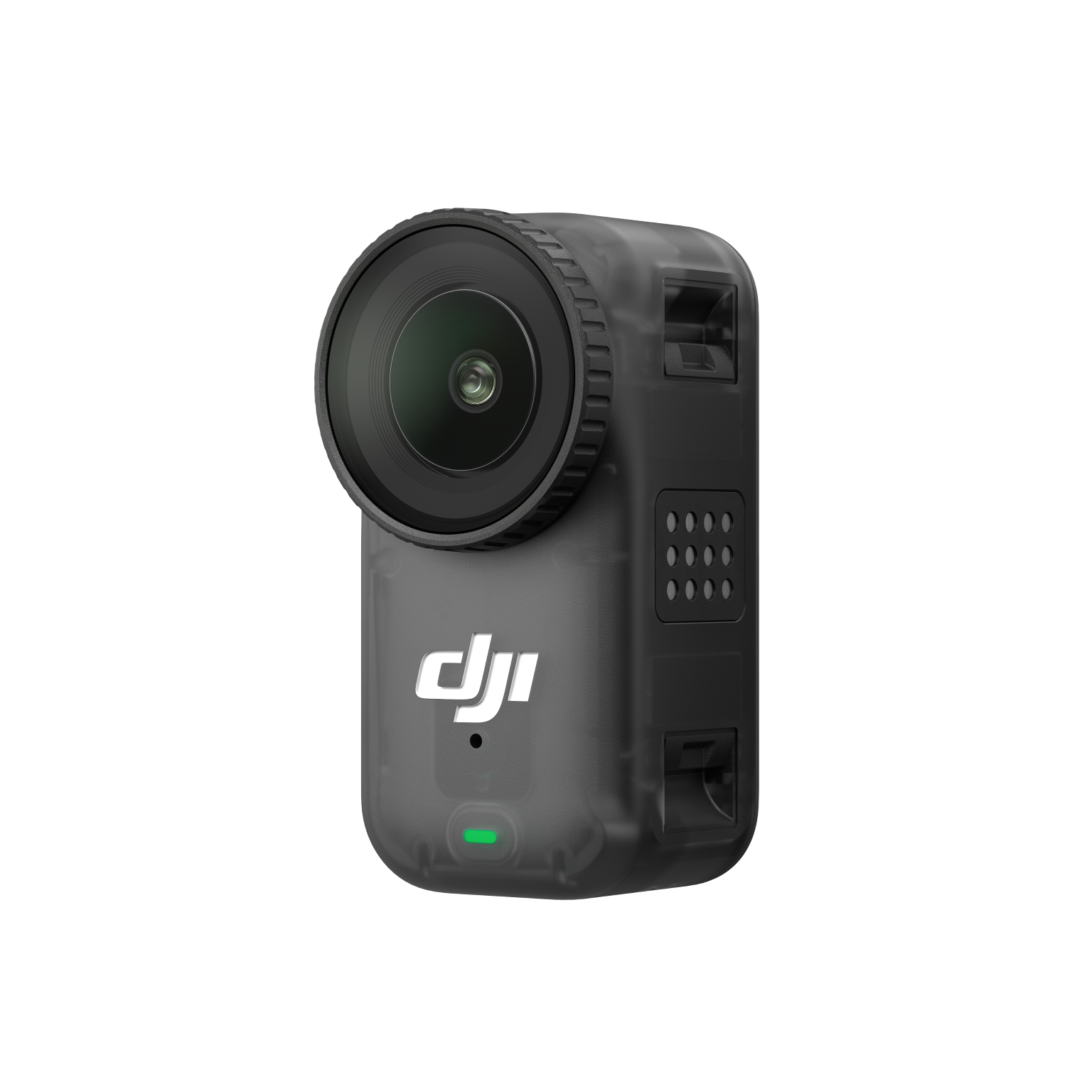 Eine schwarze DJI-Action-Kamera mit großem Objektiv. Sie hat ein grünes Licht, das DJI-Logo und befindet sich auf schwarzem Hintergrund.