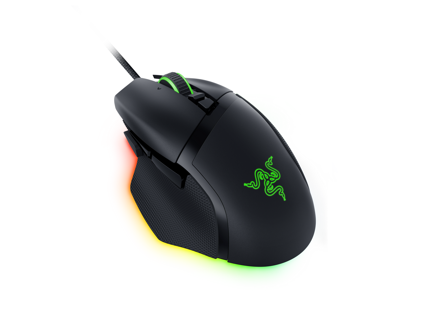 Ratón Razer negro con detalles verdes. La rueda de desplazamiento y el logotipo son verdes. El ratón tiene cable trenzado.