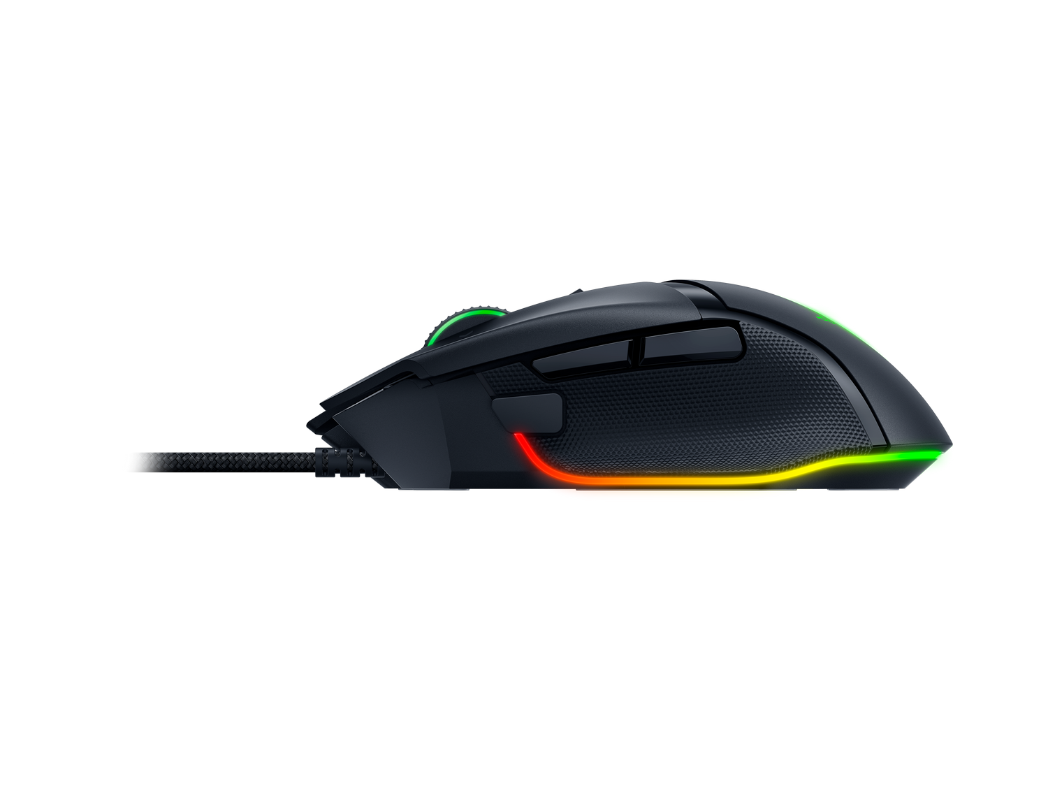 Ratón gaming negro con luces RGB. Tiene cable trenzado y agarre texturizado. El fondo es de color gris sólido.
