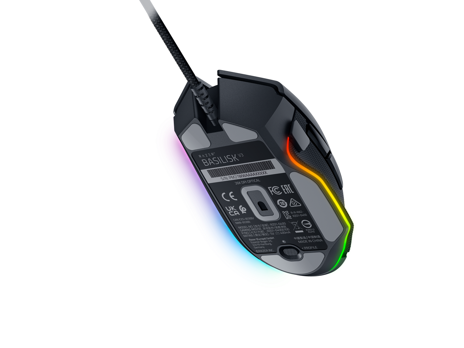 Ratón gaming negro Razer Basilisk V3. Tiene una tira LED colorida en la parte inferior. El fondo es gris.