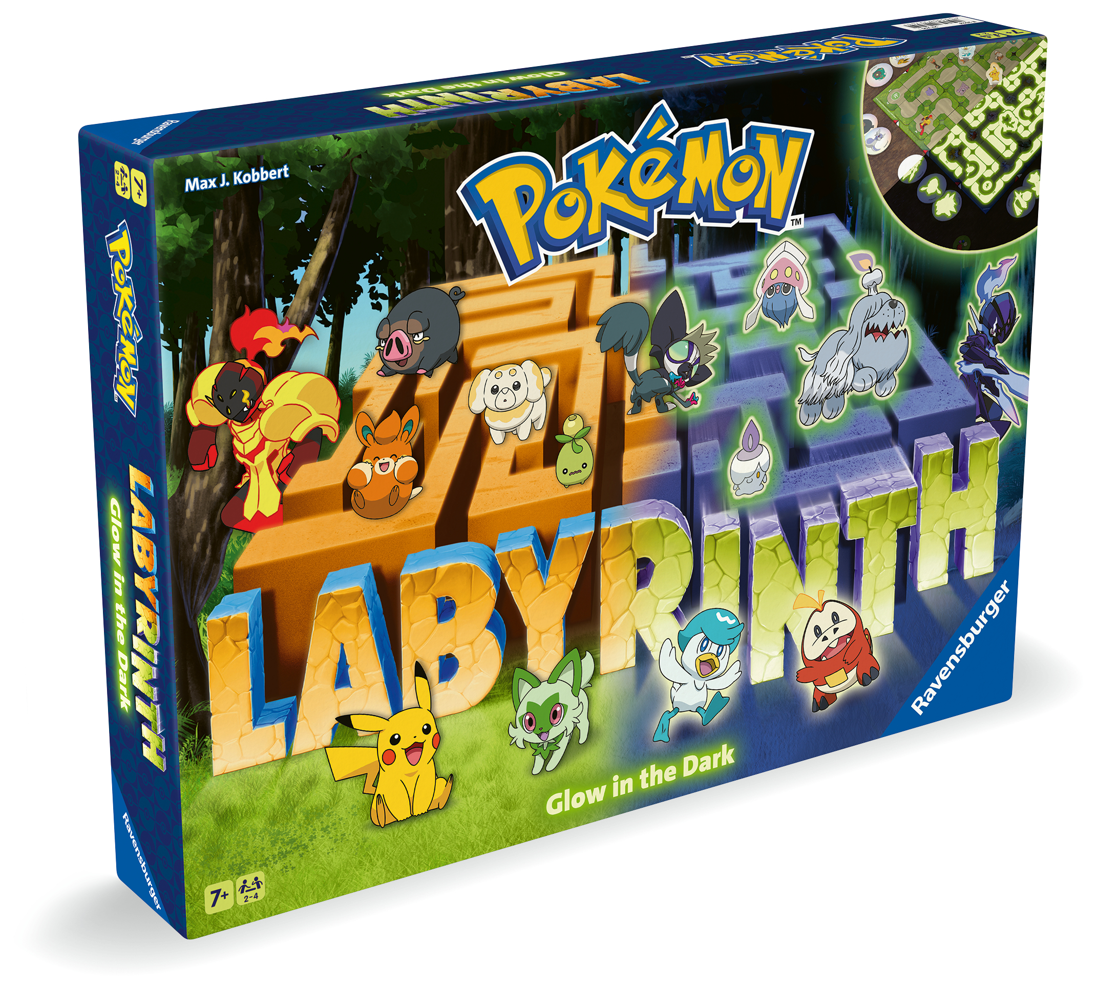Schachtel des Pokemon Labyrinth-Spiels. Zeigt Pokemon-Charaktere im Labyrinth. Text: "Glow in the Dark".