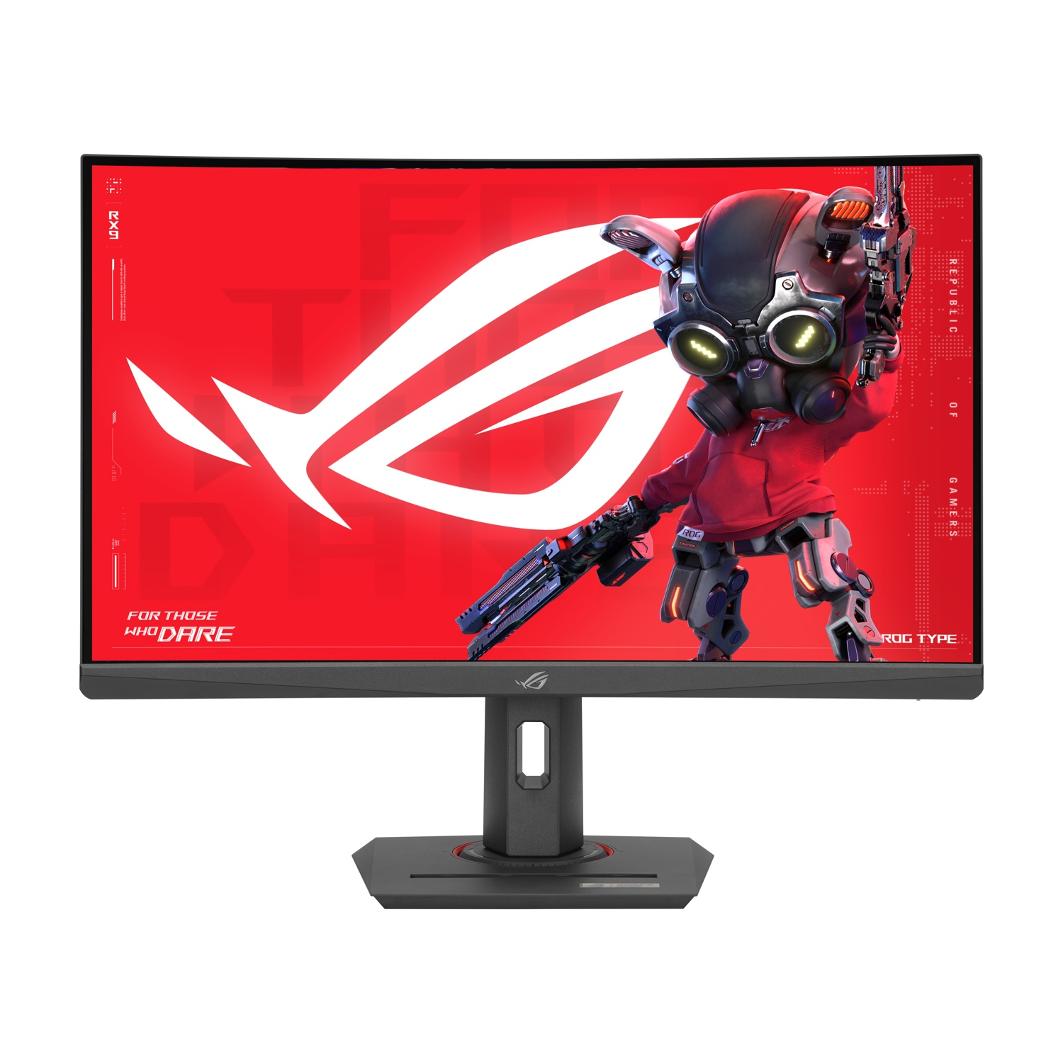 Un monitor mostra un logo ROG rosso su sfondo rosso. Un cyborg dei cartoni animati tiene in mano una pistola. Il monitor è su un supporto nero.