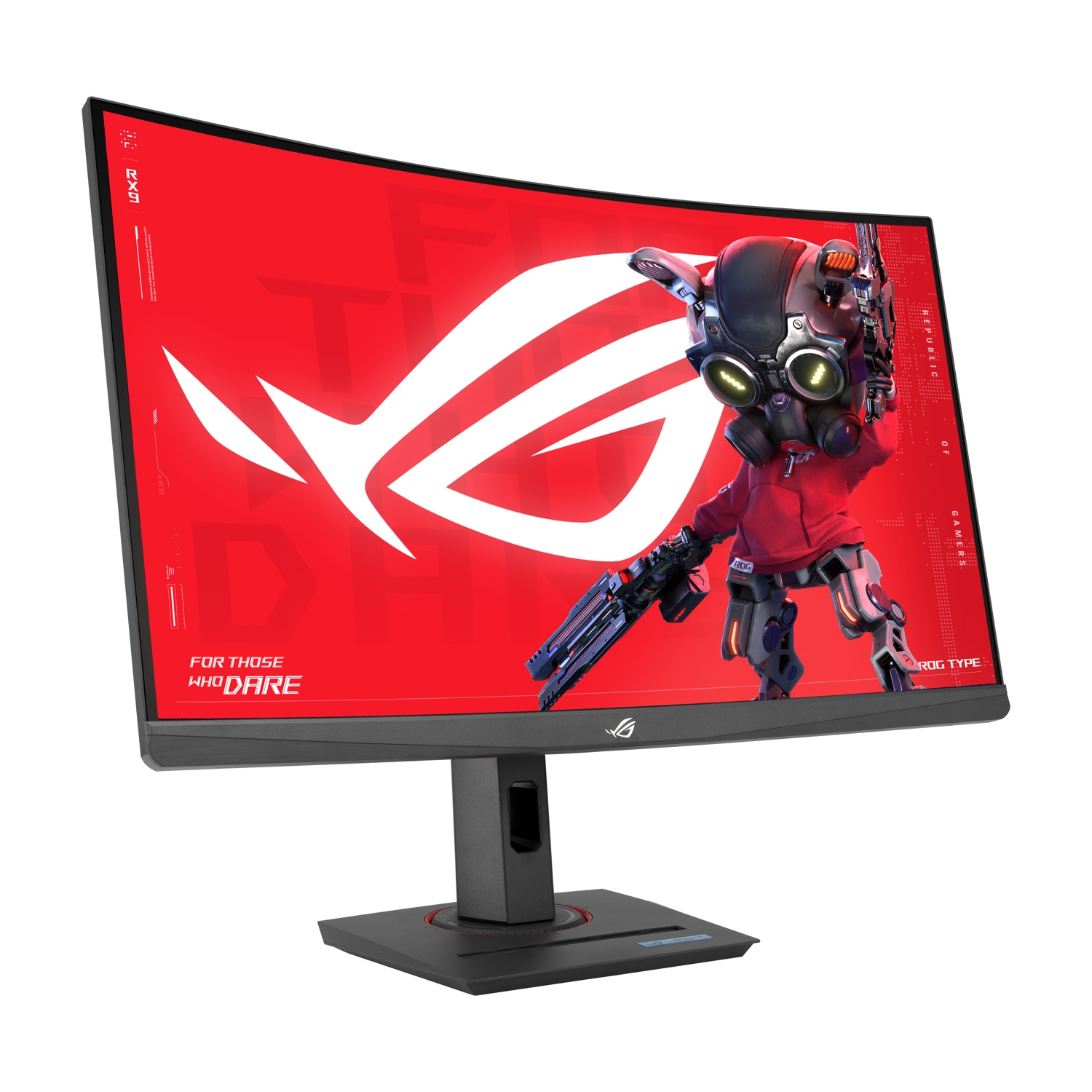 Un monitor da gioco curvo mostra uno sfondo rosso con un logo e un personaggio robot che tiene un'arma. Il monitor ha un supporto nero.